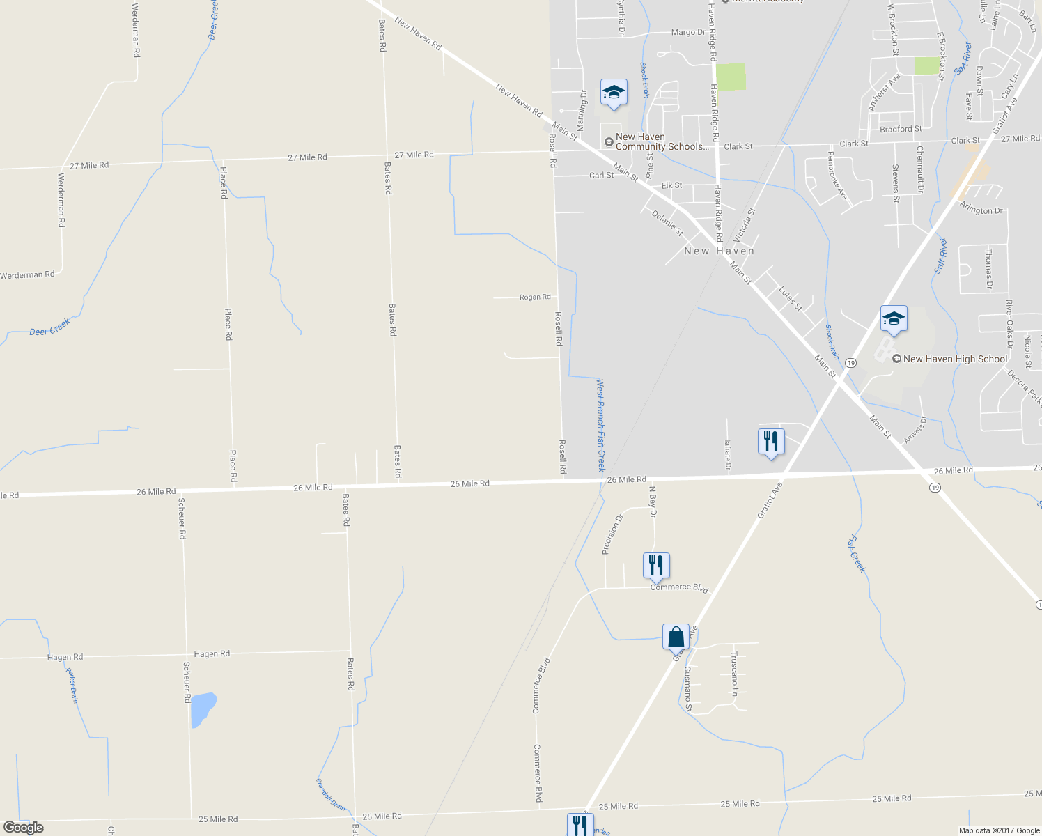 map of restaurants, bars, coffee shops, grocery stores, and more near 57291 Rosell Road in New Haven