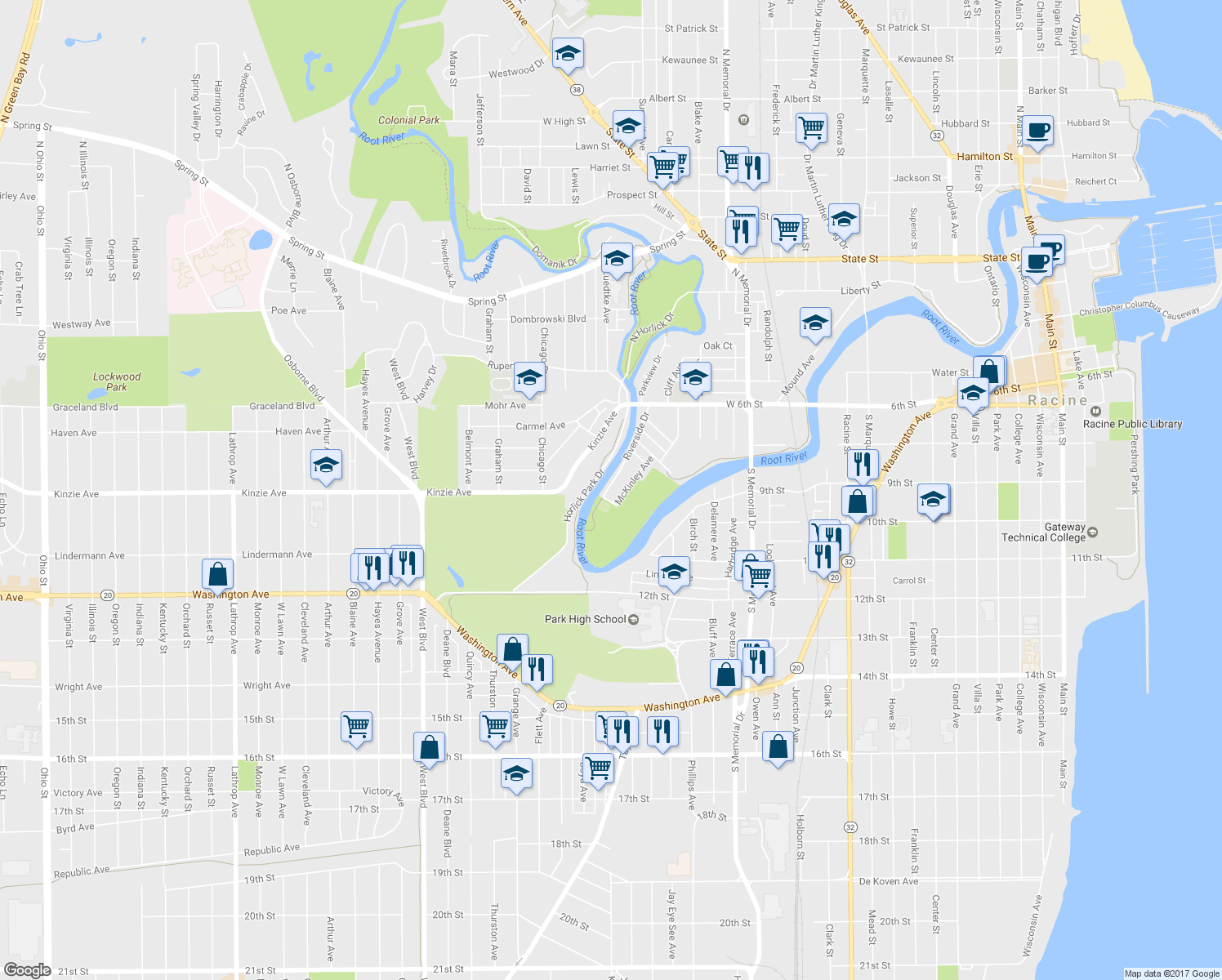 map of restaurants, bars, coffee shops, grocery stores, and more near 11 Riverside Drive in Racine