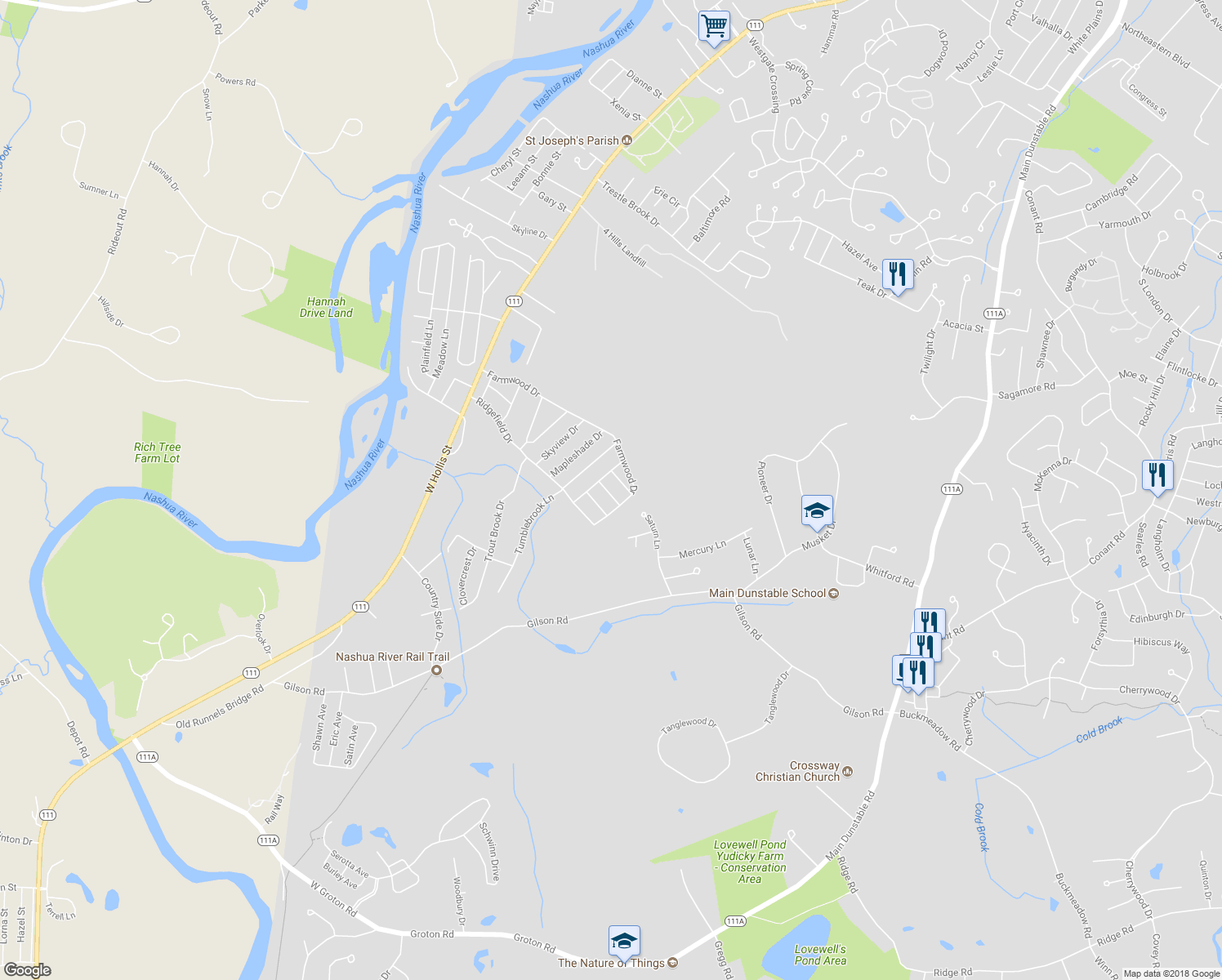 map of restaurants, bars, coffee shops, grocery stores, and more near 4 Manorcrest Drive in Nashua