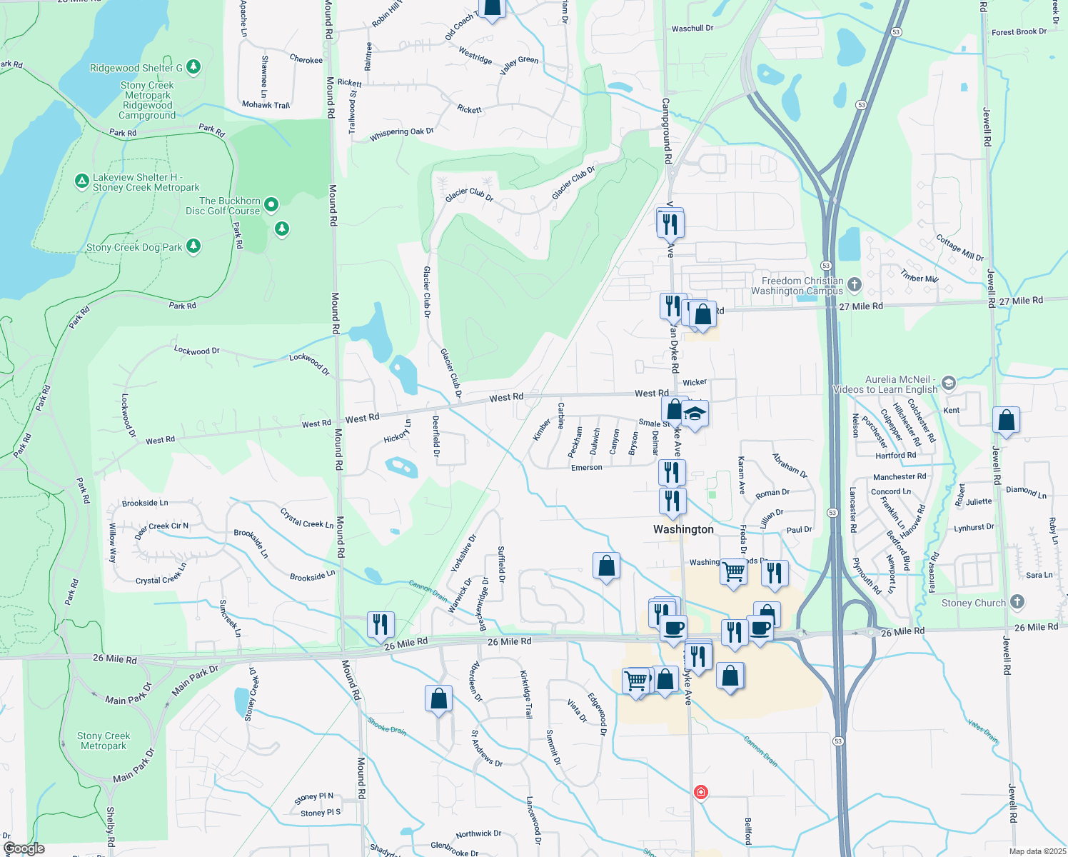 map of restaurants, bars, coffee shops, grocery stores, and more near 58267 Kimber in Washington