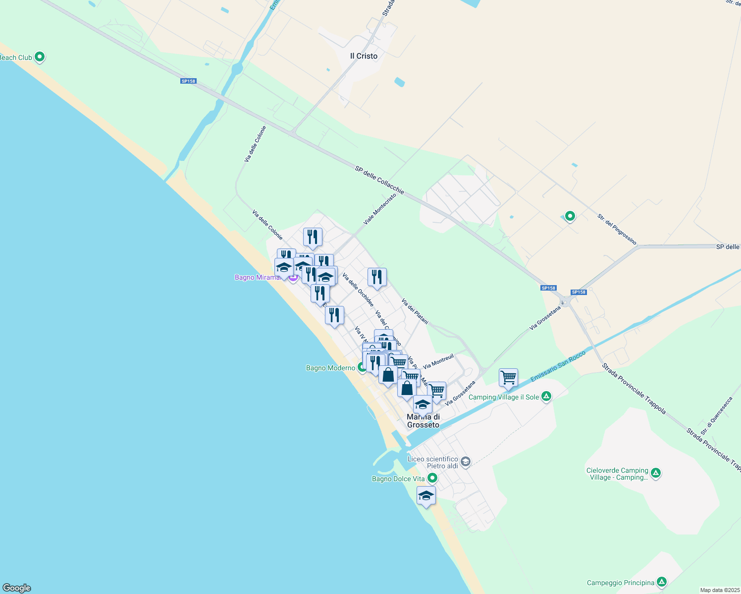 map of restaurants, bars, coffee shops, grocery stores, and more near 52 Via delle Orchidee in Marina di Grosseto