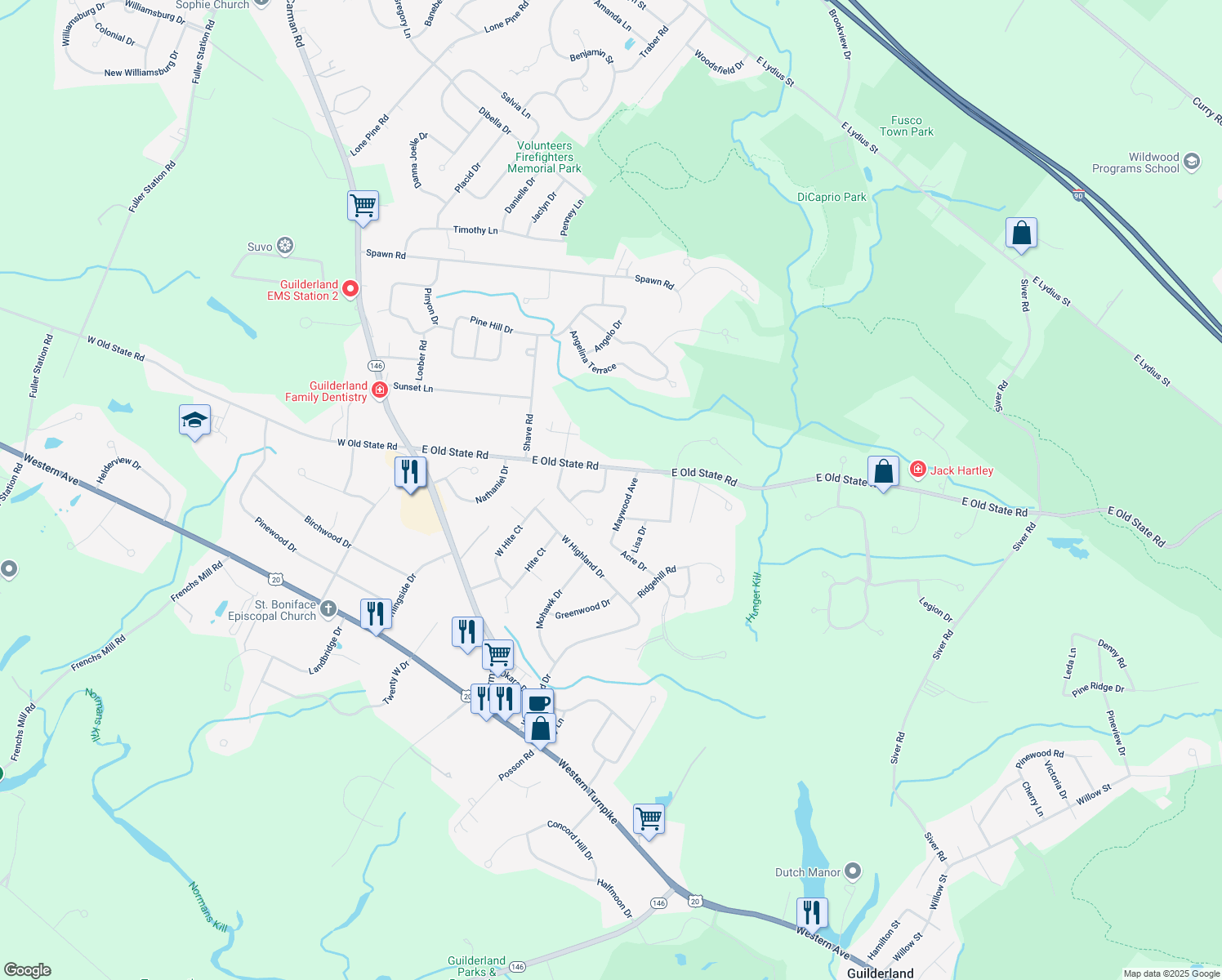 map of restaurants, bars, coffee shops, grocery stores, and more near 304 Polsinelli Drive in Schenectady
