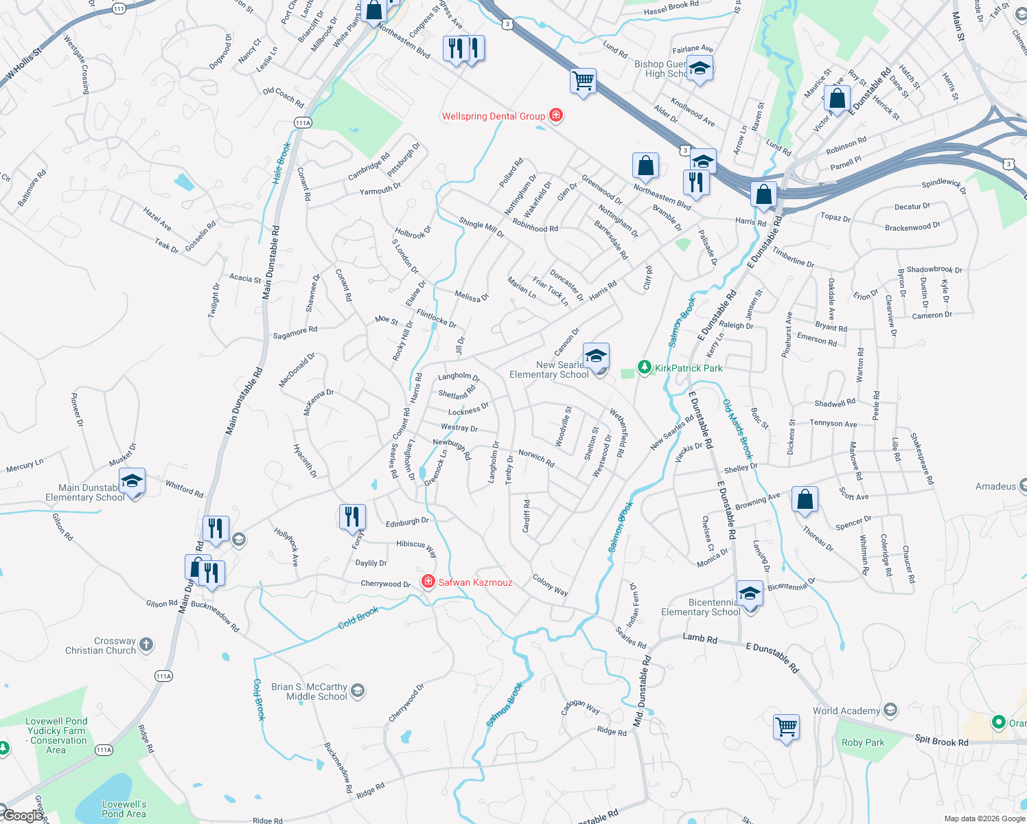 map of restaurants, bars, coffee shops, grocery stores, and more near 62 Tenby Dr in Nashua