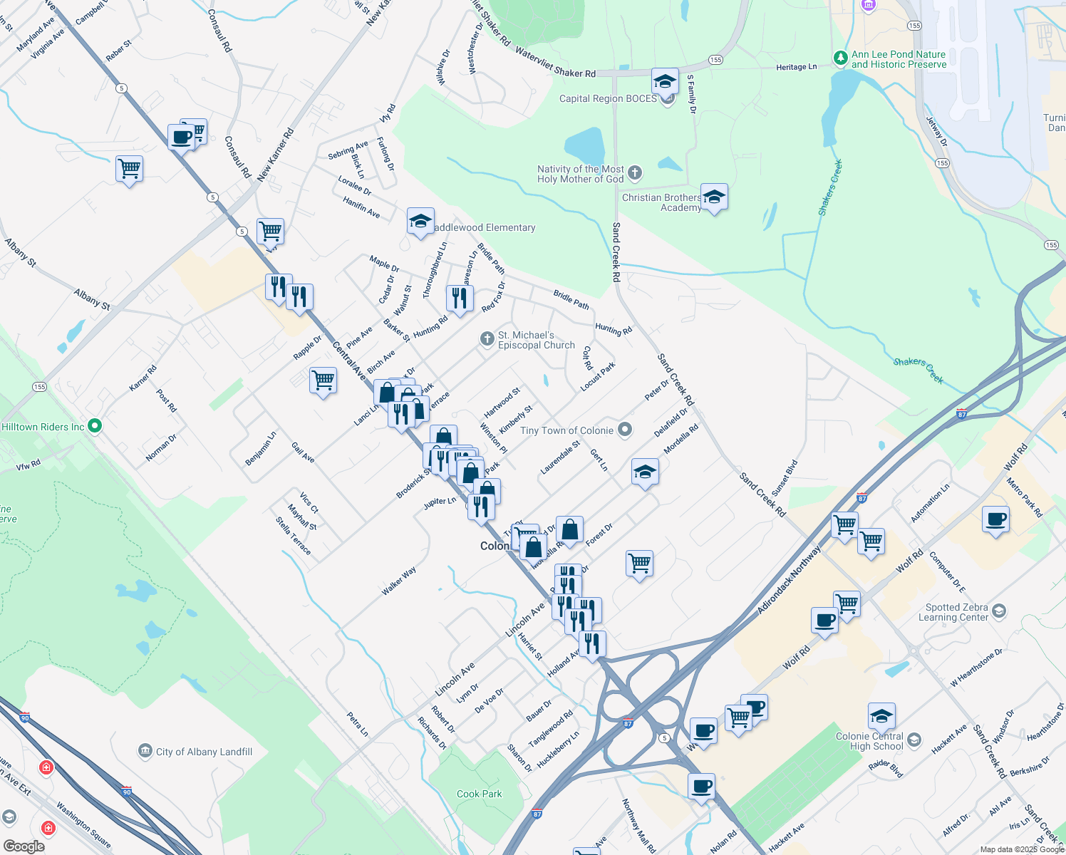 map of restaurants, bars, coffee shops, grocery stores, and more near 54 Locust Park in Colonie
