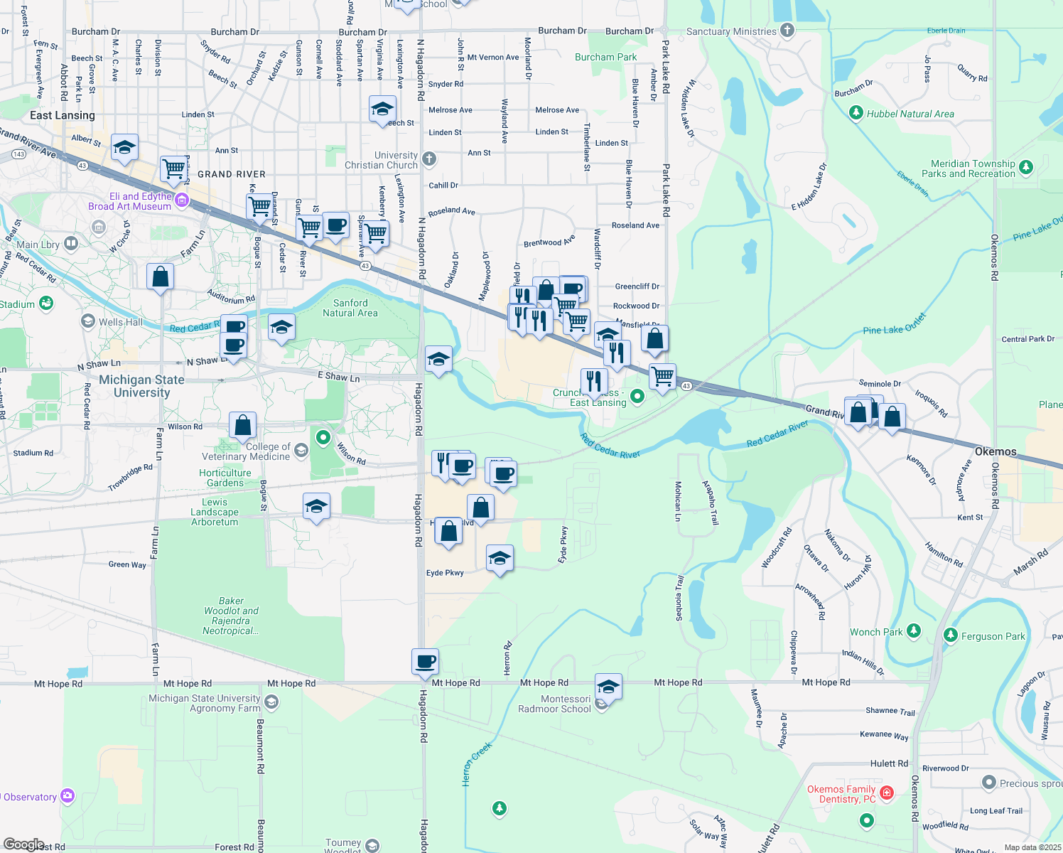 map of restaurants, bars, coffee shops, grocery stores, and more near 1611 River Terrace in East Lansing