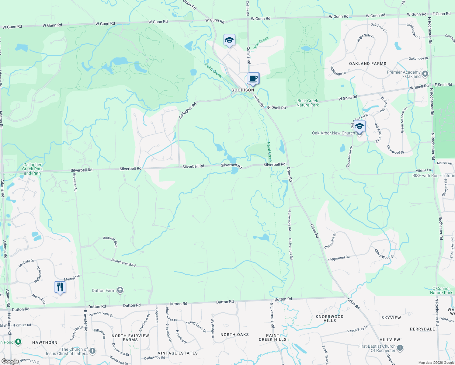 map of restaurants, bars, coffee shops, grocery stores, and more near 1443 Silver Bell Road in Rochester