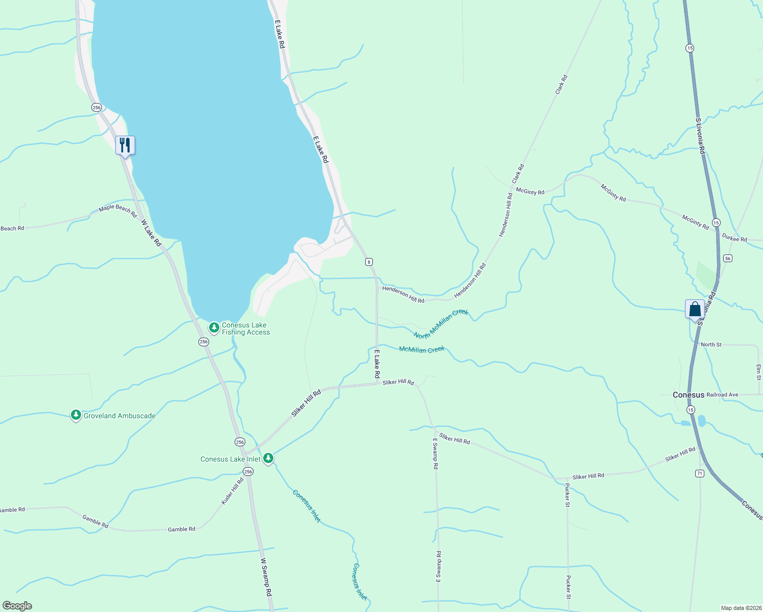 map of restaurants, bars, coffee shops, grocery stores, and more near 6129 East Lake Road in Conesus