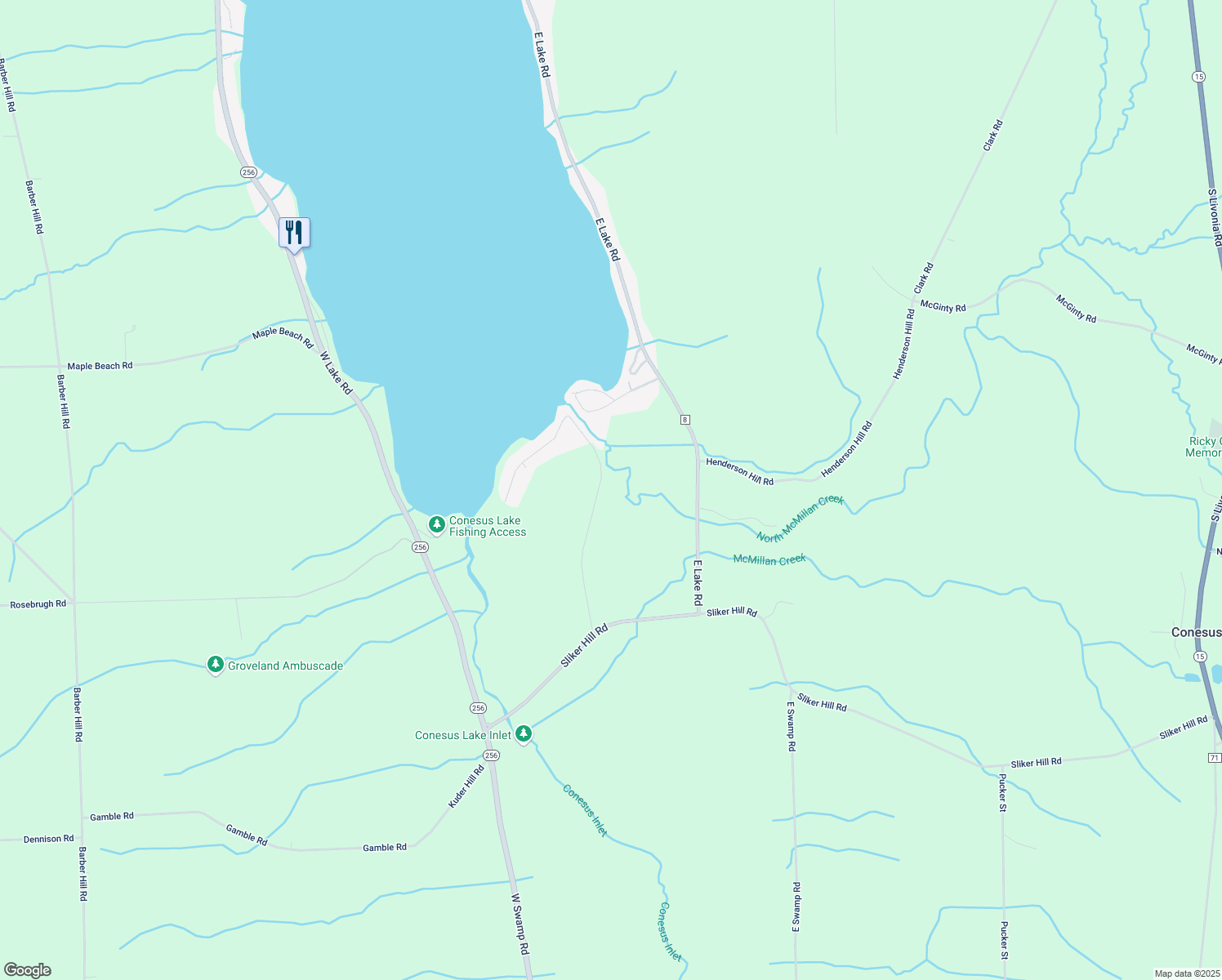 map of restaurants, bars, coffee shops, grocery stores, and more near 6105 Dacola Shores Road in Conesus