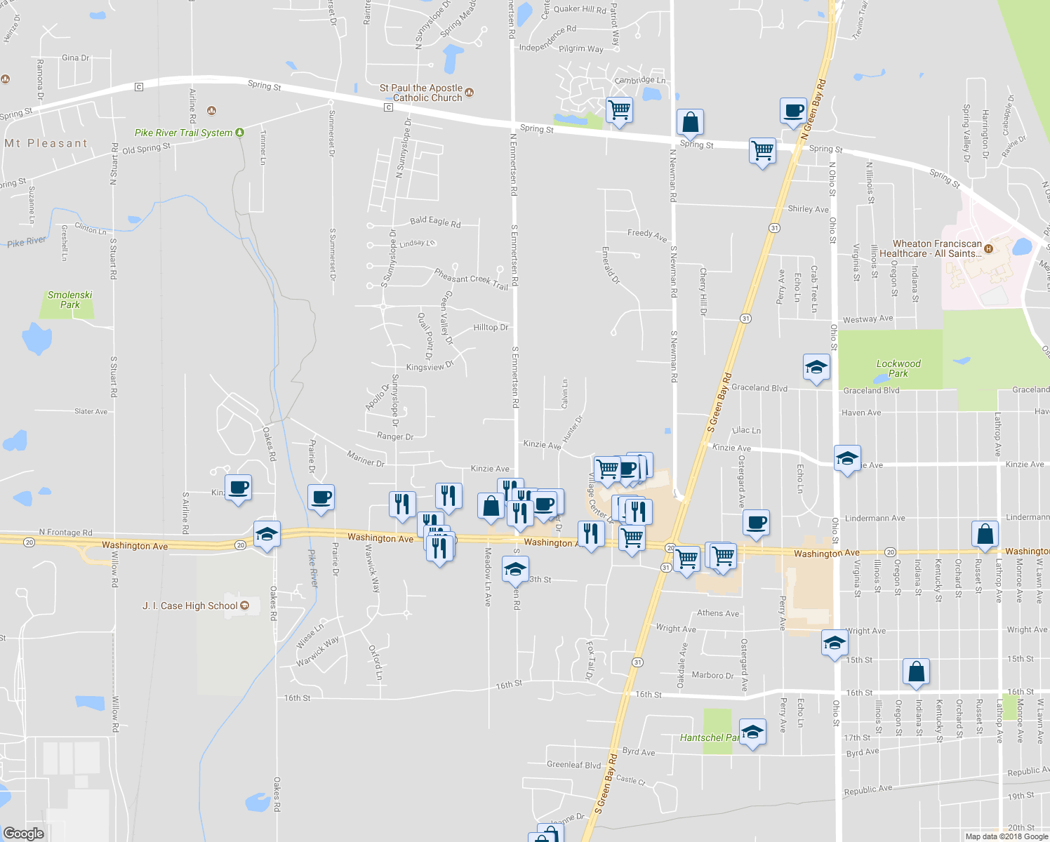 map of restaurants, bars, coffee shops, grocery stores, and more near 717 South Emmertsen Road in Mount Pleasant