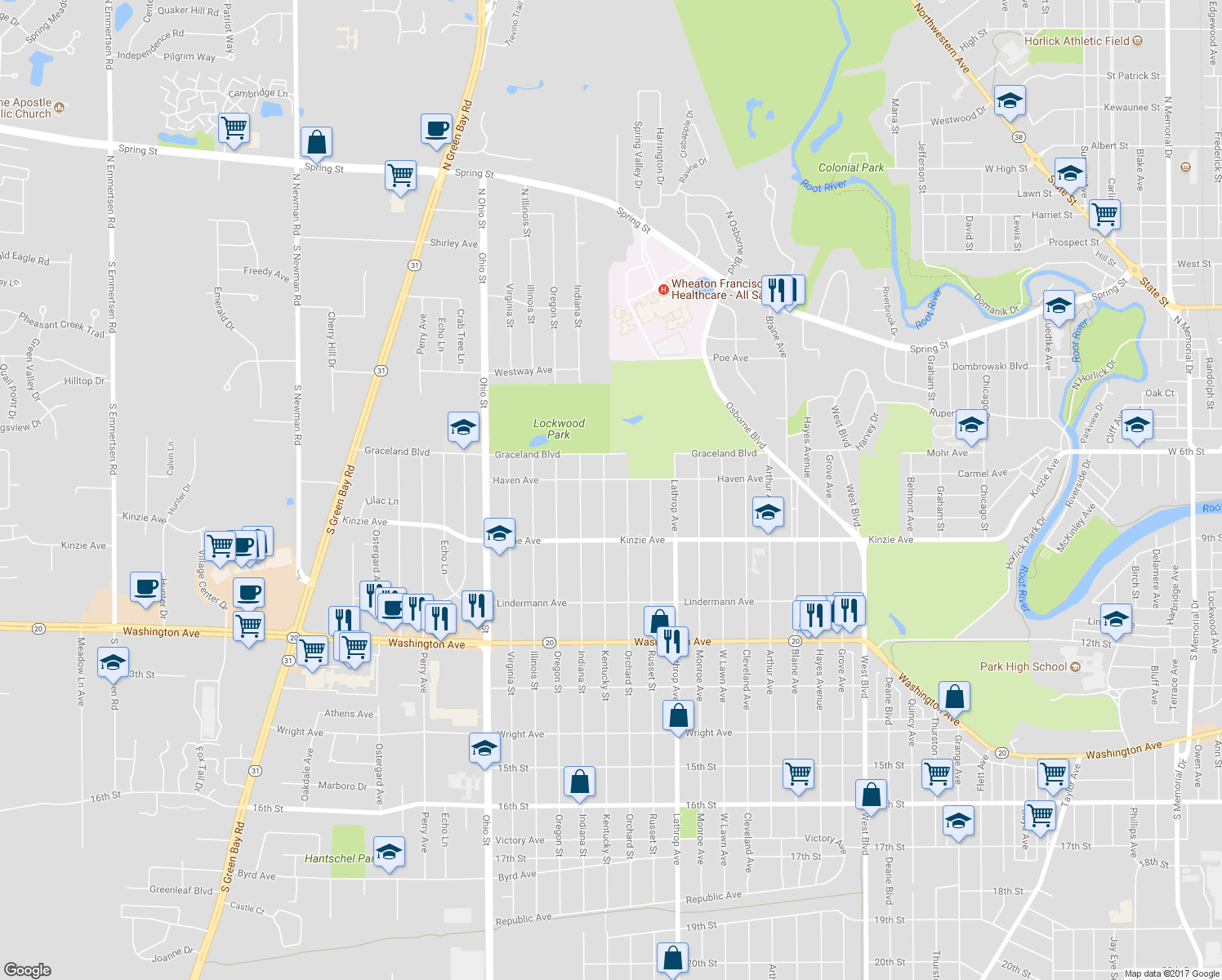 map of restaurants, bars, coffee shops, grocery stores, and more near 711 Kentucky Street in Racine