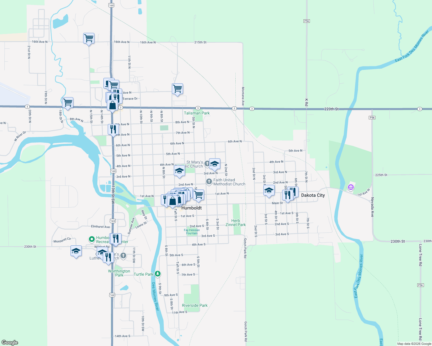 map of restaurants, bars, coffee shops, grocery stores, and more near 298 3rd Ave N in Humboldt