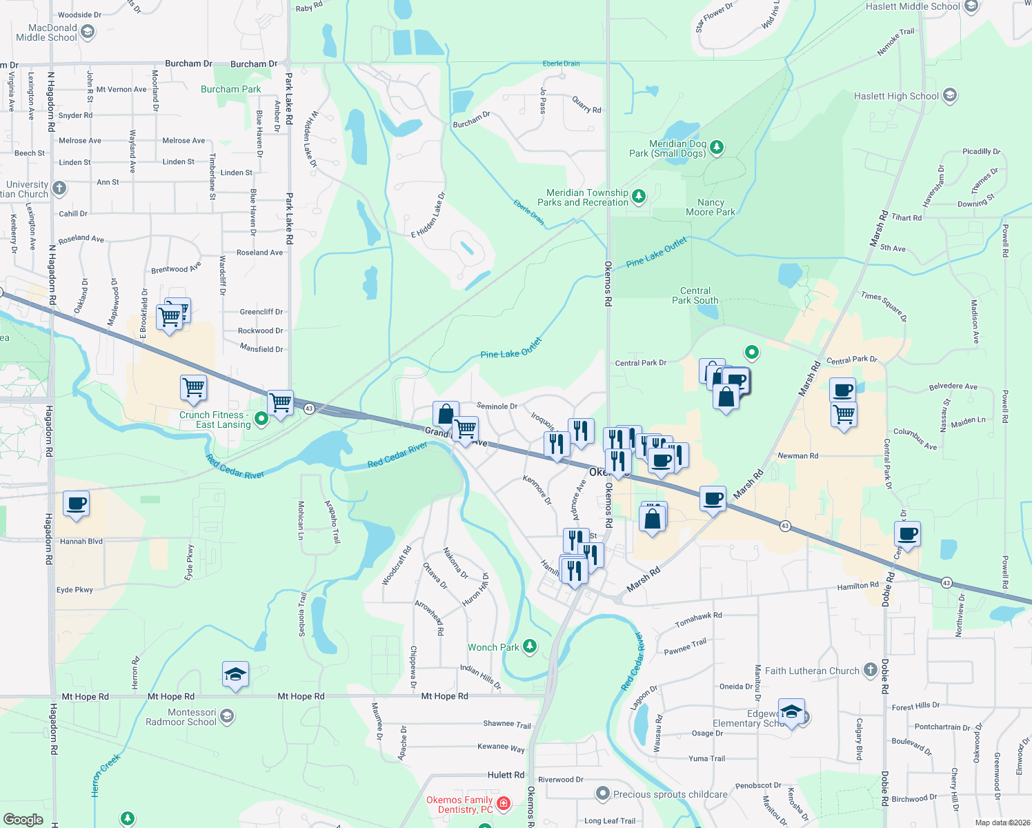 map of restaurants, bars, coffee shops, grocery stores, and more near 4960 Sioux Way in Meridian Charter Township