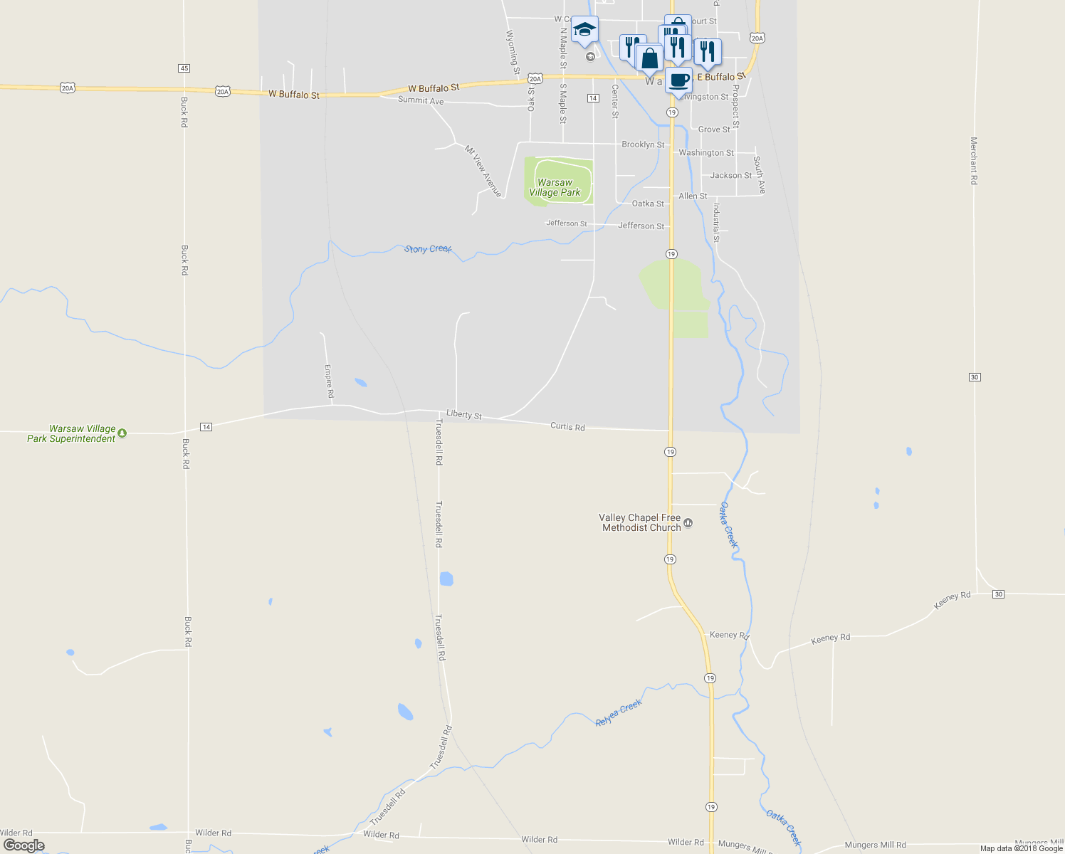 map of restaurants, bars, coffee shops, grocery stores, and more near 5148 Curtis Road in Warsaw