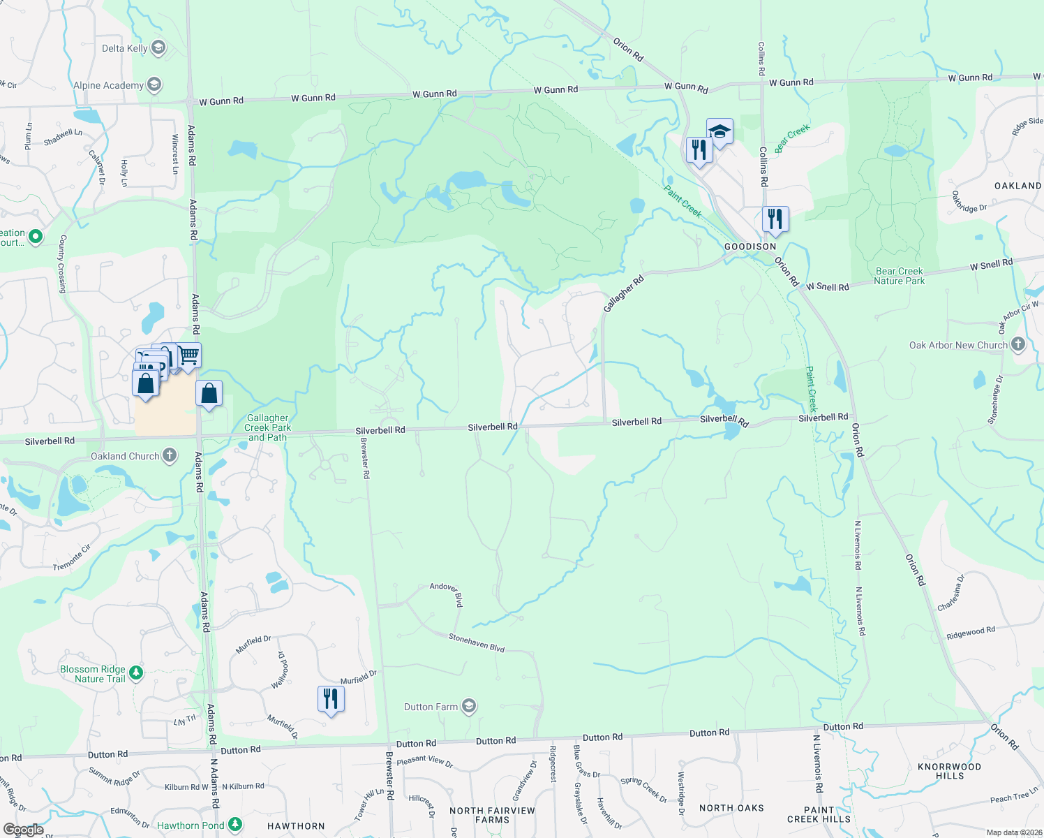 map of restaurants, bars, coffee shops, grocery stores, and more near 4975 Crestone Way in Rochester