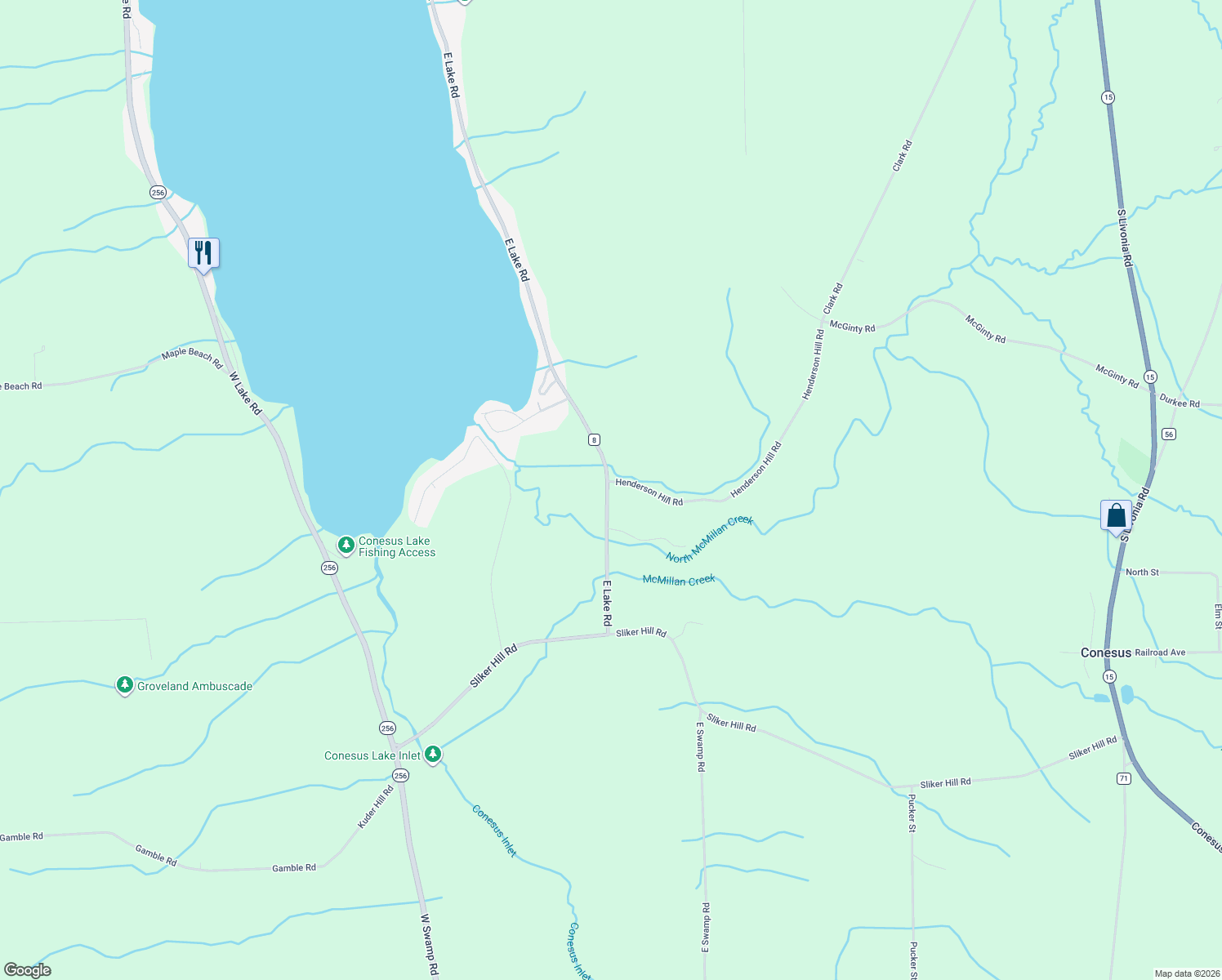 map of restaurants, bars, coffee shops, grocery stores, and more near 6129 East Lake Road in Conesus