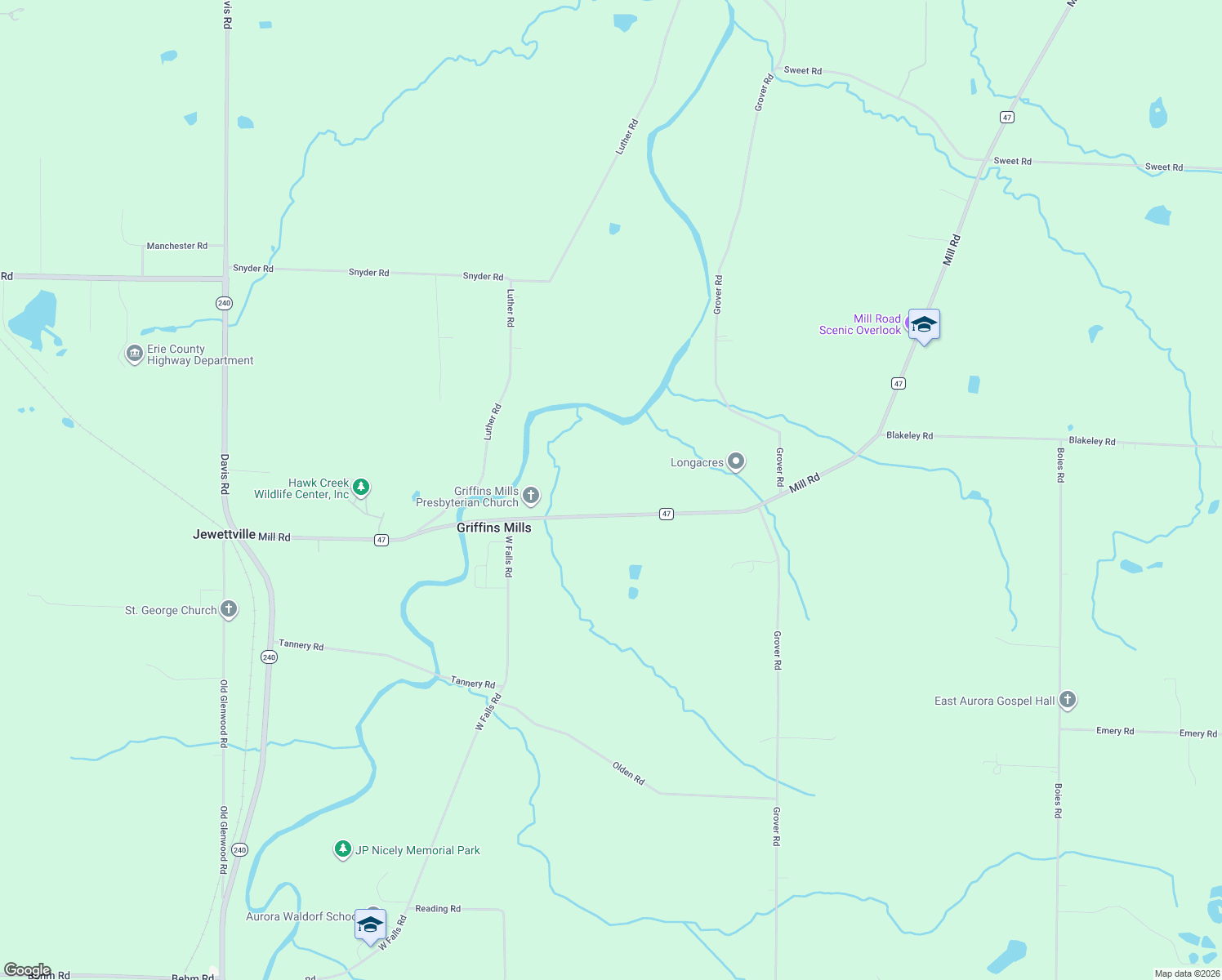 map of restaurants, bars, coffee shops, grocery stores, and more near 1717 Mill Road in East Aurora