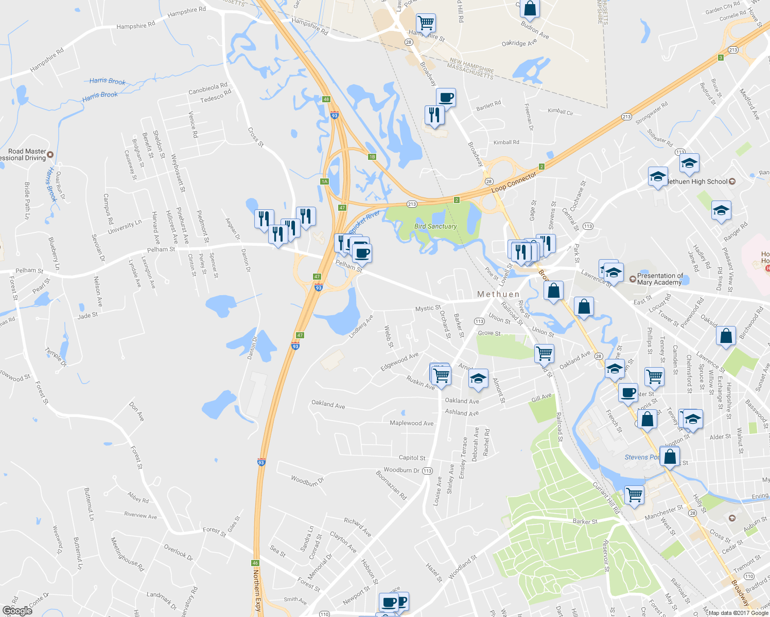 map of restaurants, bars, coffee shops, grocery stores, and more near 43 Mystic Street in Methuen