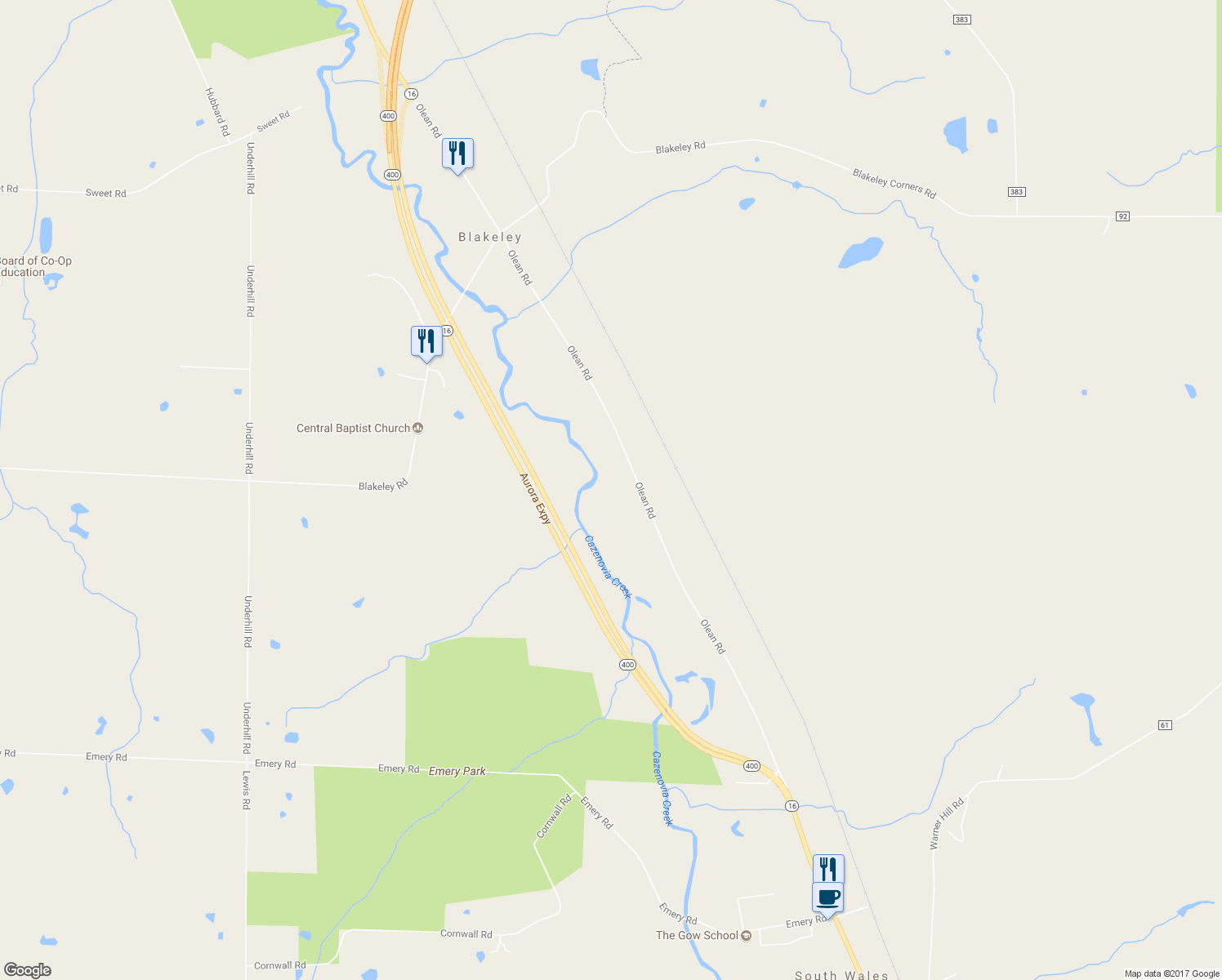 map of restaurants, bars, coffee shops, grocery stores, and more near 1415 Olean Road in South Wales