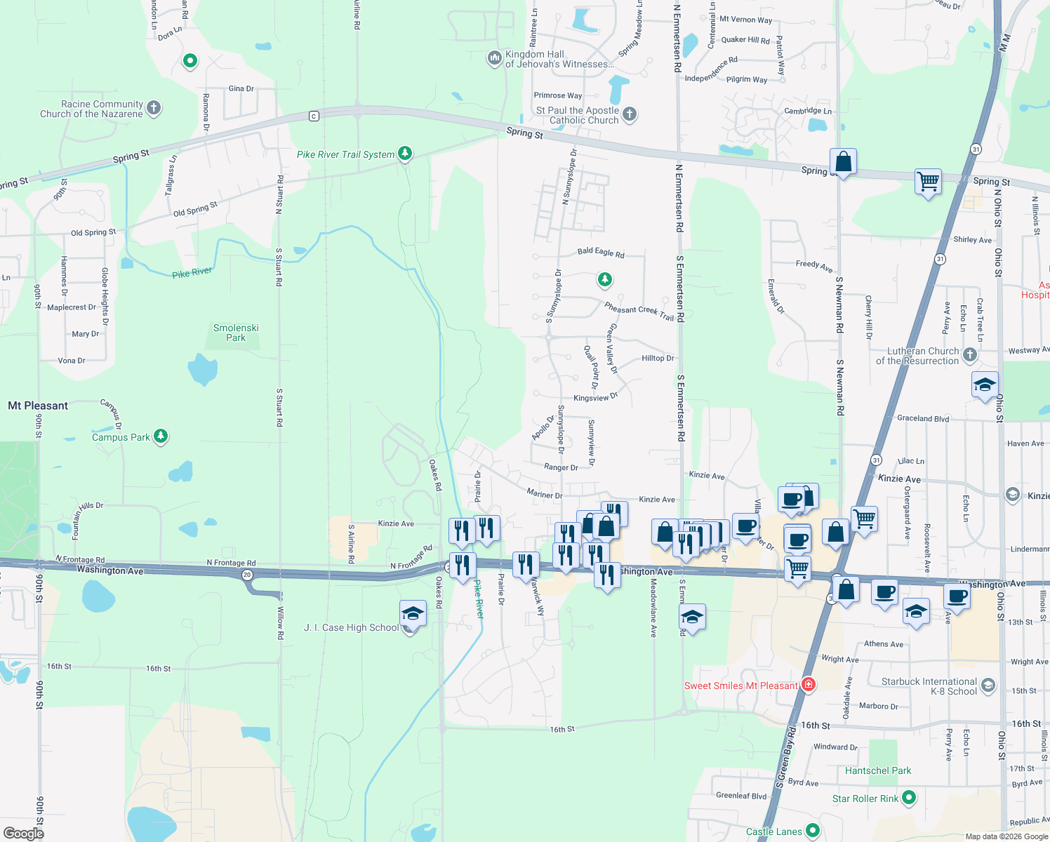 map of restaurants, bars, coffee shops, grocery stores, and more near 6825 Redstone Circle in Racine