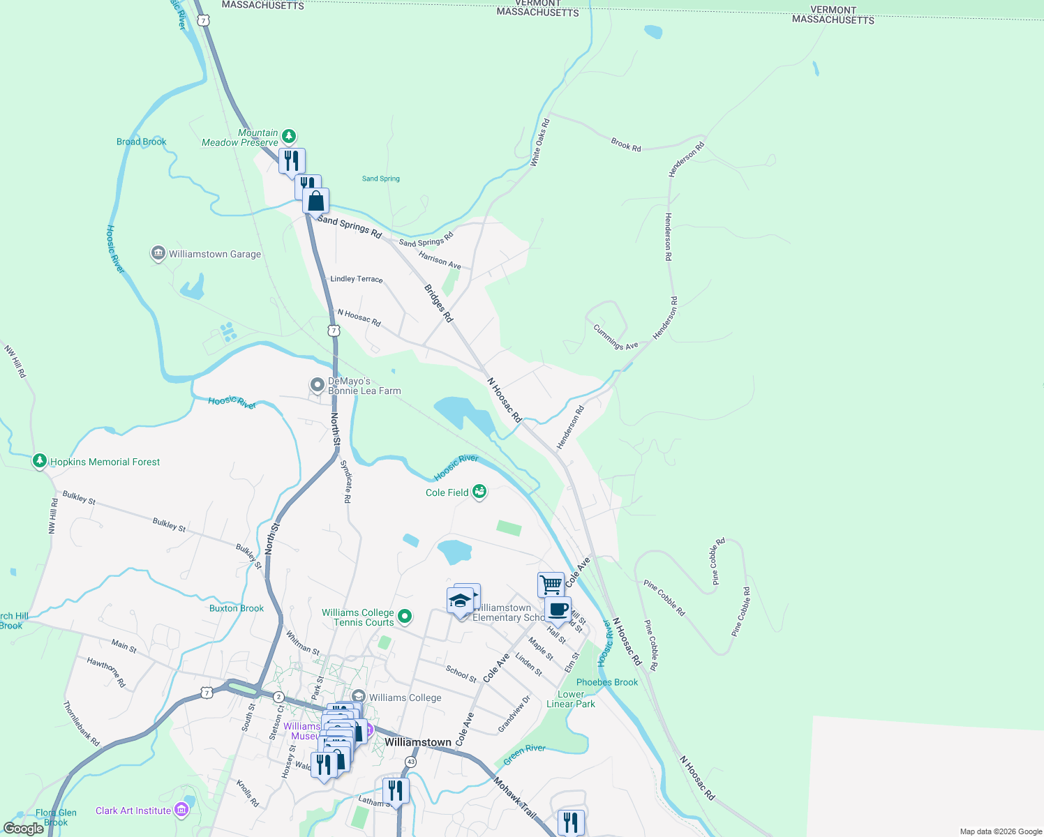 map of restaurants, bars, coffee shops, grocery stores, and more near 918 North Hoosac Road in Williamstown