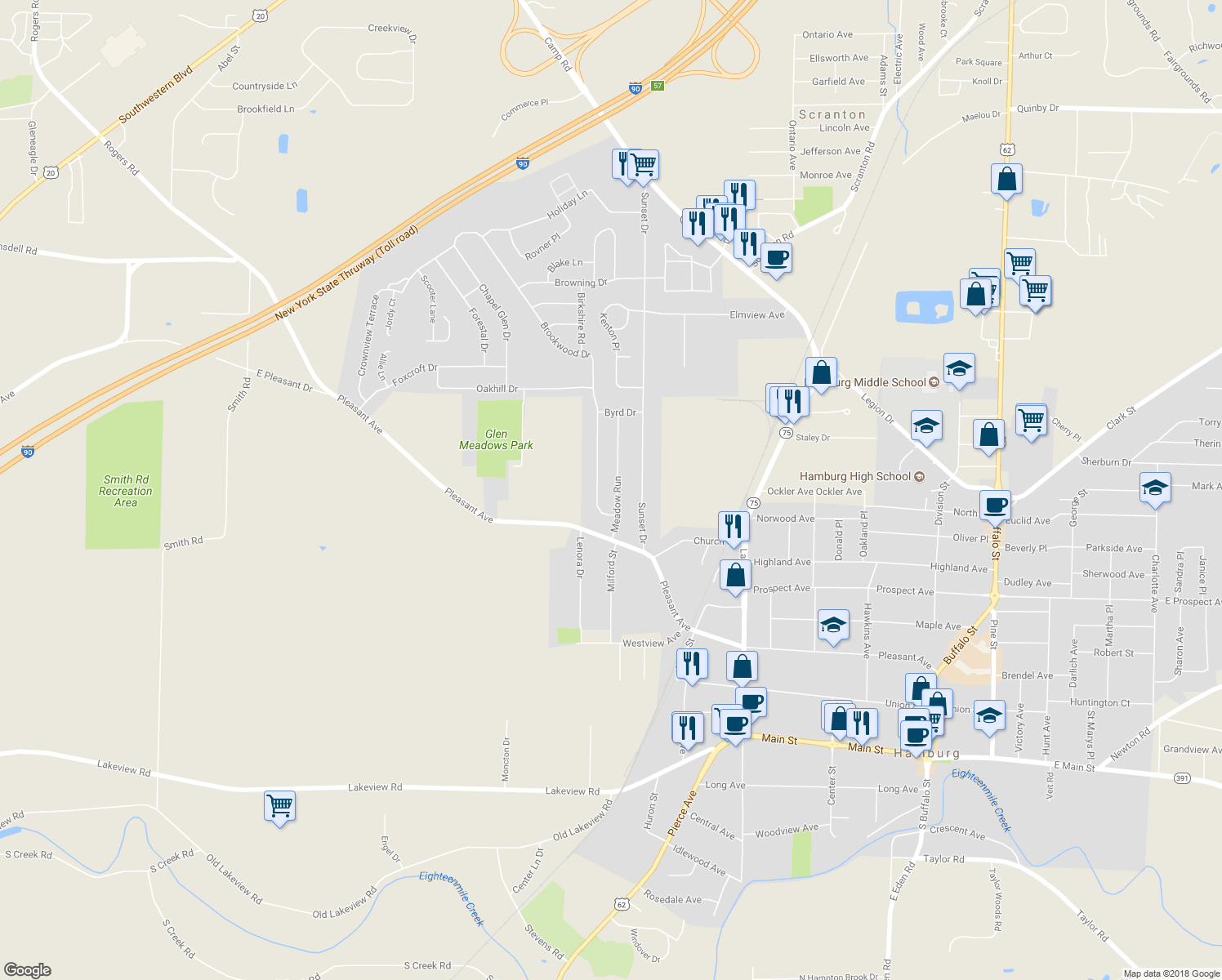 map of restaurants, bars, coffee shops, grocery stores, and more near 72 Meadow Run in Hamburg