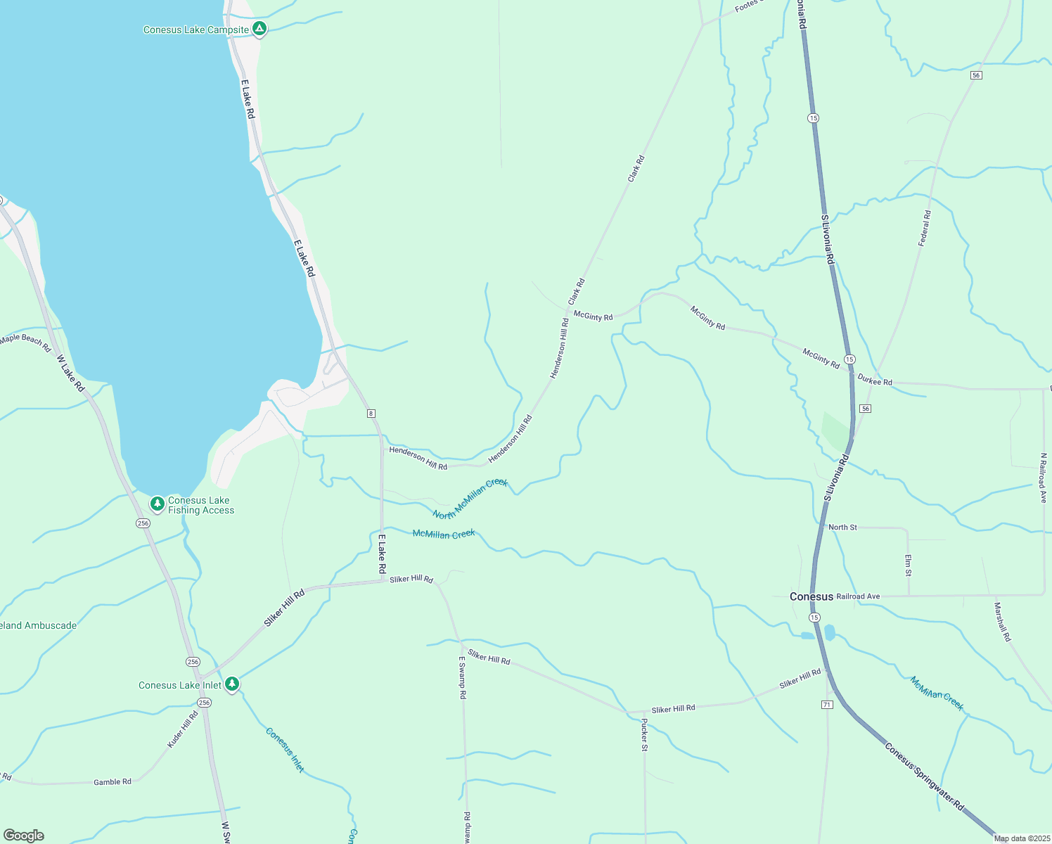 map of restaurants, bars, coffee shops, grocery stores, and more near 5576-5998 Henderson Hill Road in Conesus