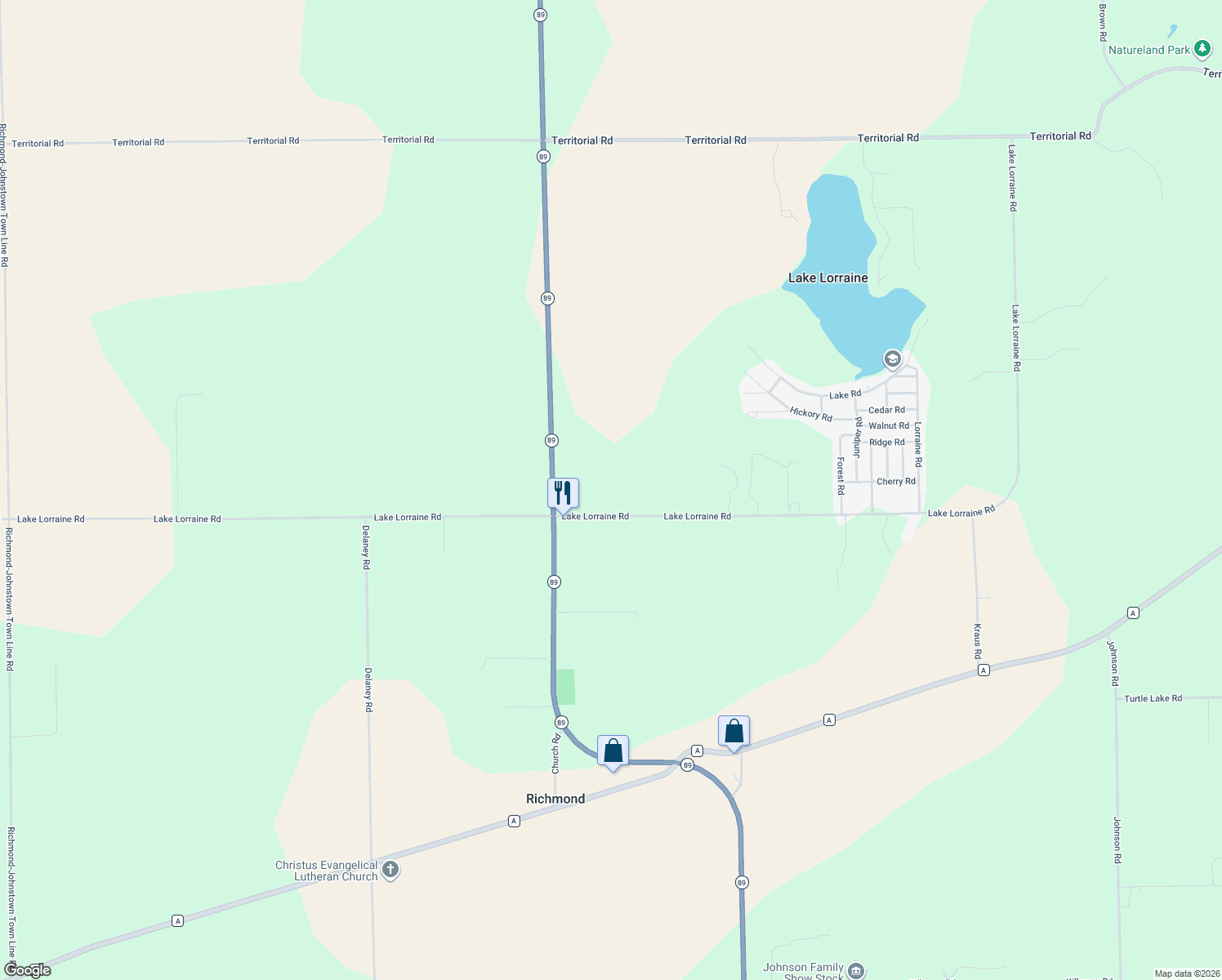map of restaurants, bars, coffee shops, grocery stores, and more near W9036 Lake Lorraine Rd in Delavan
