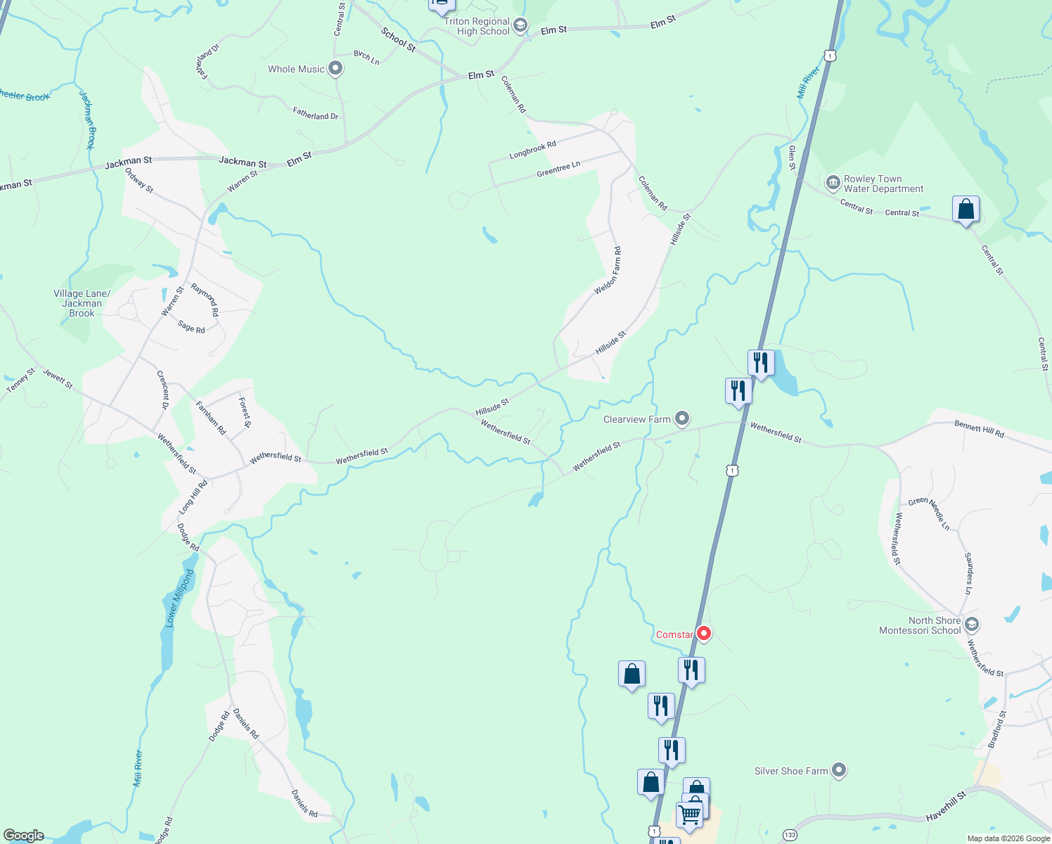 map of restaurants, bars, coffee shops, grocery stores, and more near 439 Wethersfield Street in Rowley