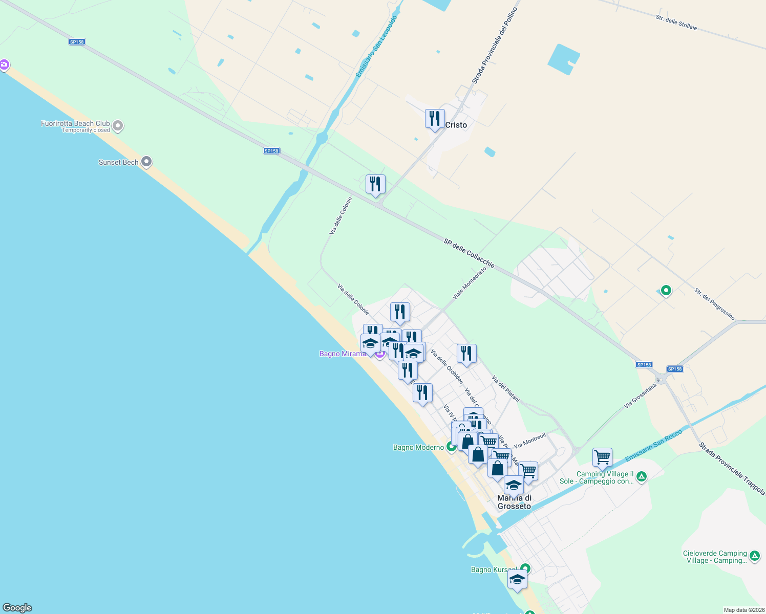 map of restaurants, bars, coffee shops, grocery stores, and more near 14 Via di Ponente in Marina di Grosseto