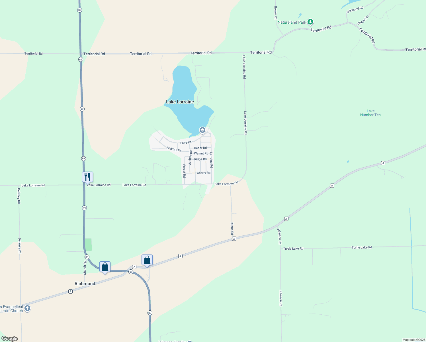 map of restaurants, bars, coffee shops, grocery stores, and more near N6534 Lorraine Road in Delavan