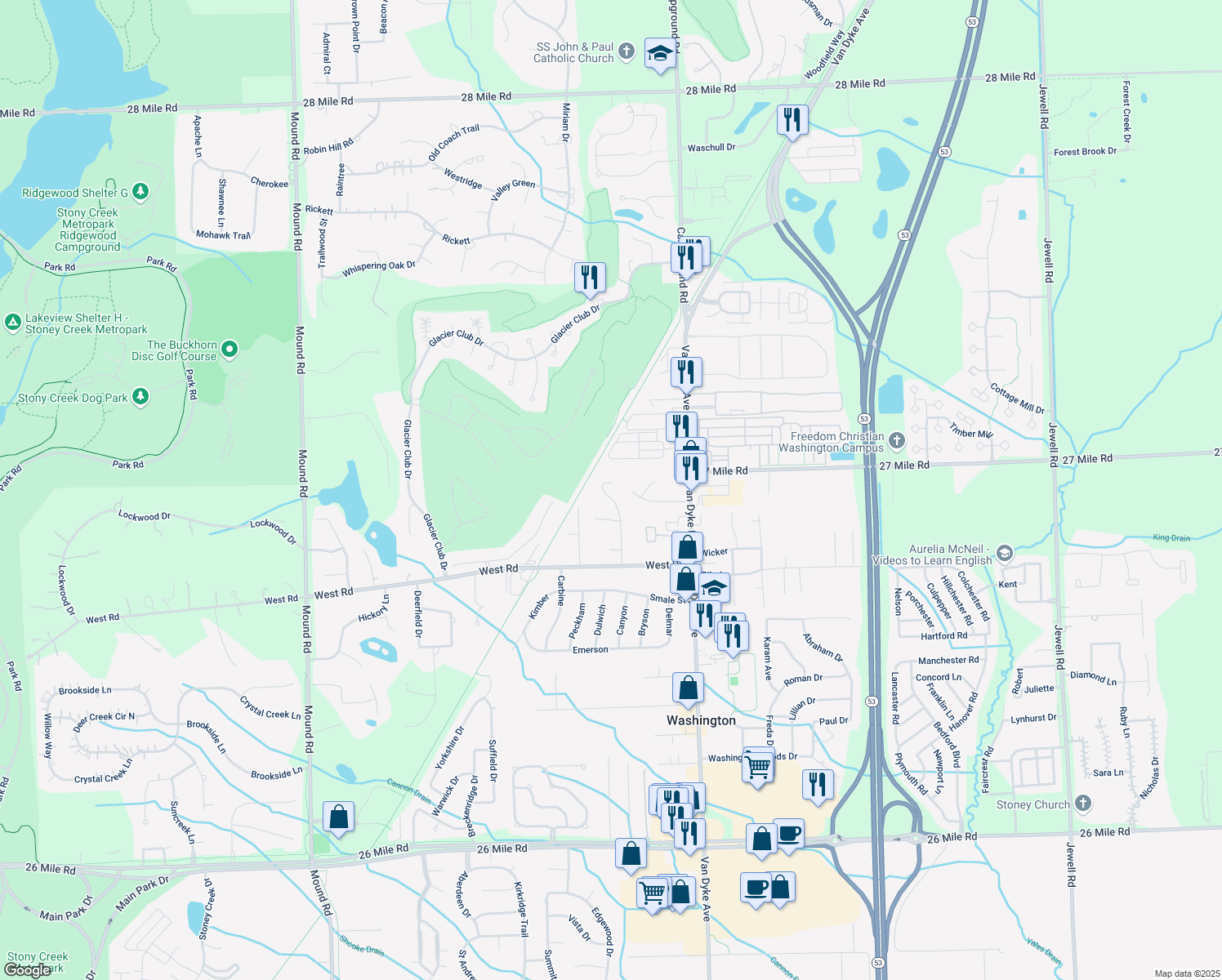 map of restaurants, bars, coffee shops, grocery stores, and more near 58888 Lind Rd in Washington