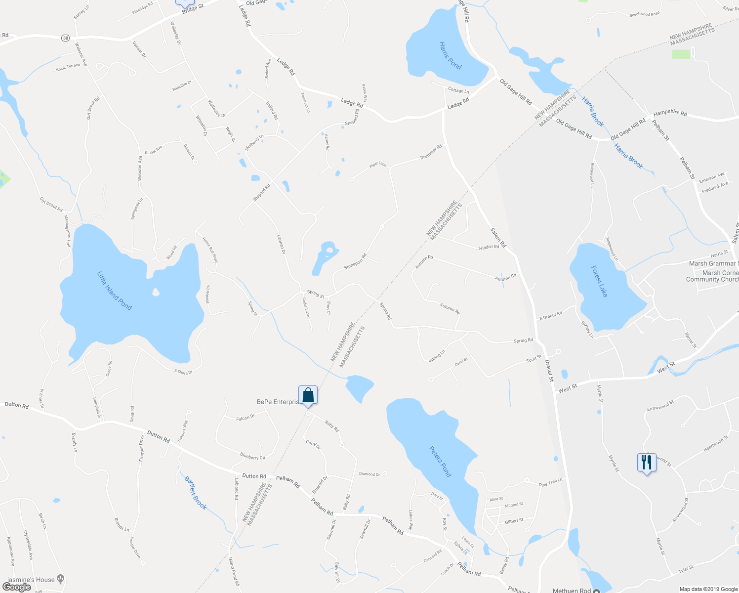 map of restaurants, bars, coffee shops, grocery stores, and more near 9 Spring Street in Pelham