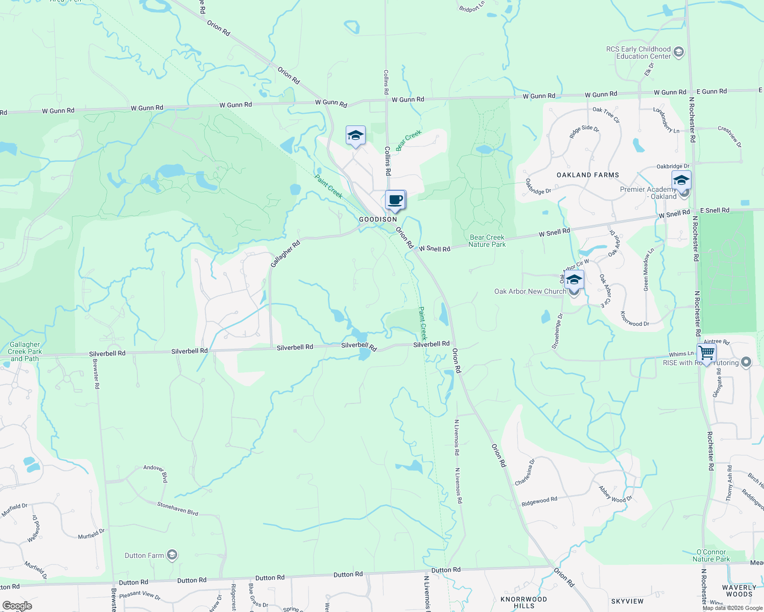 map of restaurants, bars, coffee shops, grocery stores, and more near 4885 Cider Hill Drive in Rochester