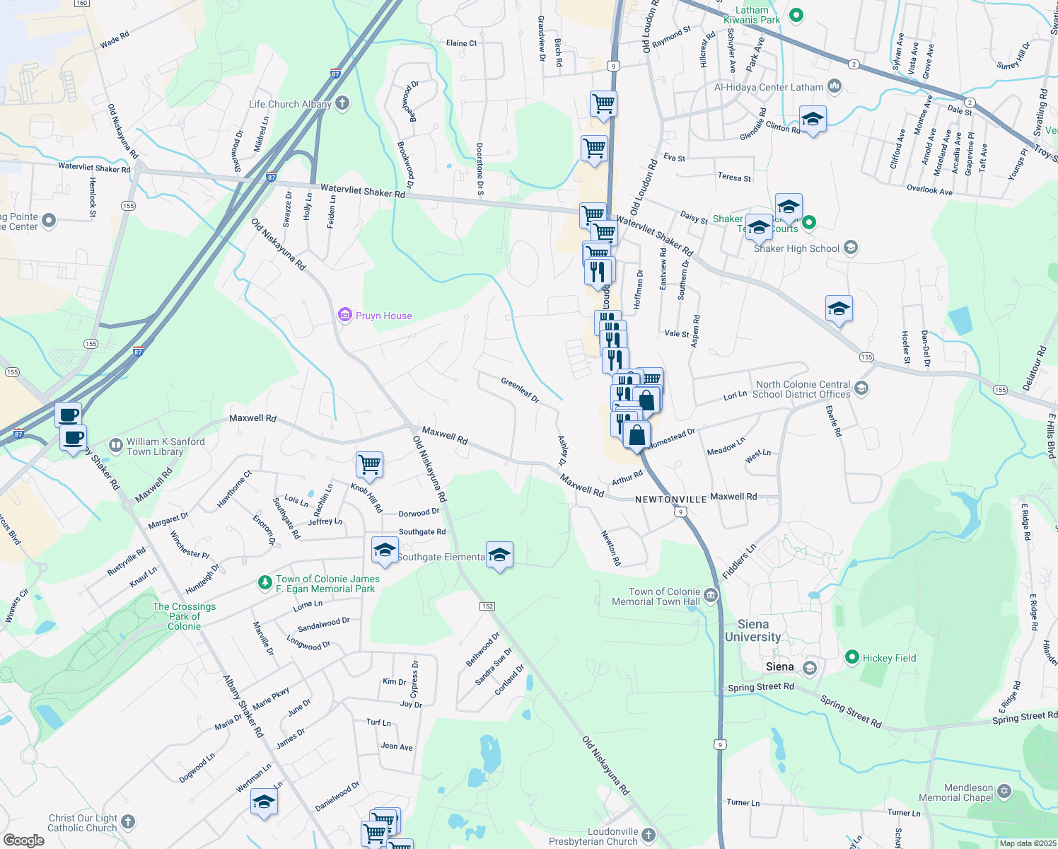 map of restaurants, bars, coffee shops, grocery stores, and more near 12 Bedford Drive in Latham