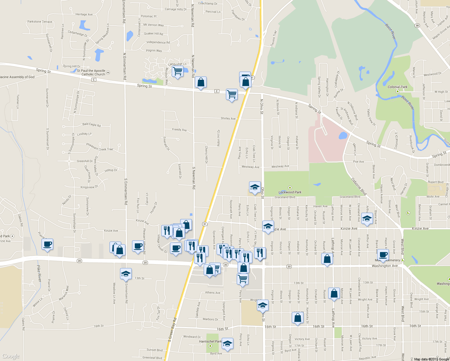 map of restaurants, bars, coffee shops, grocery stores, and more near 437 South Green Bay Road in Mount Pleasant