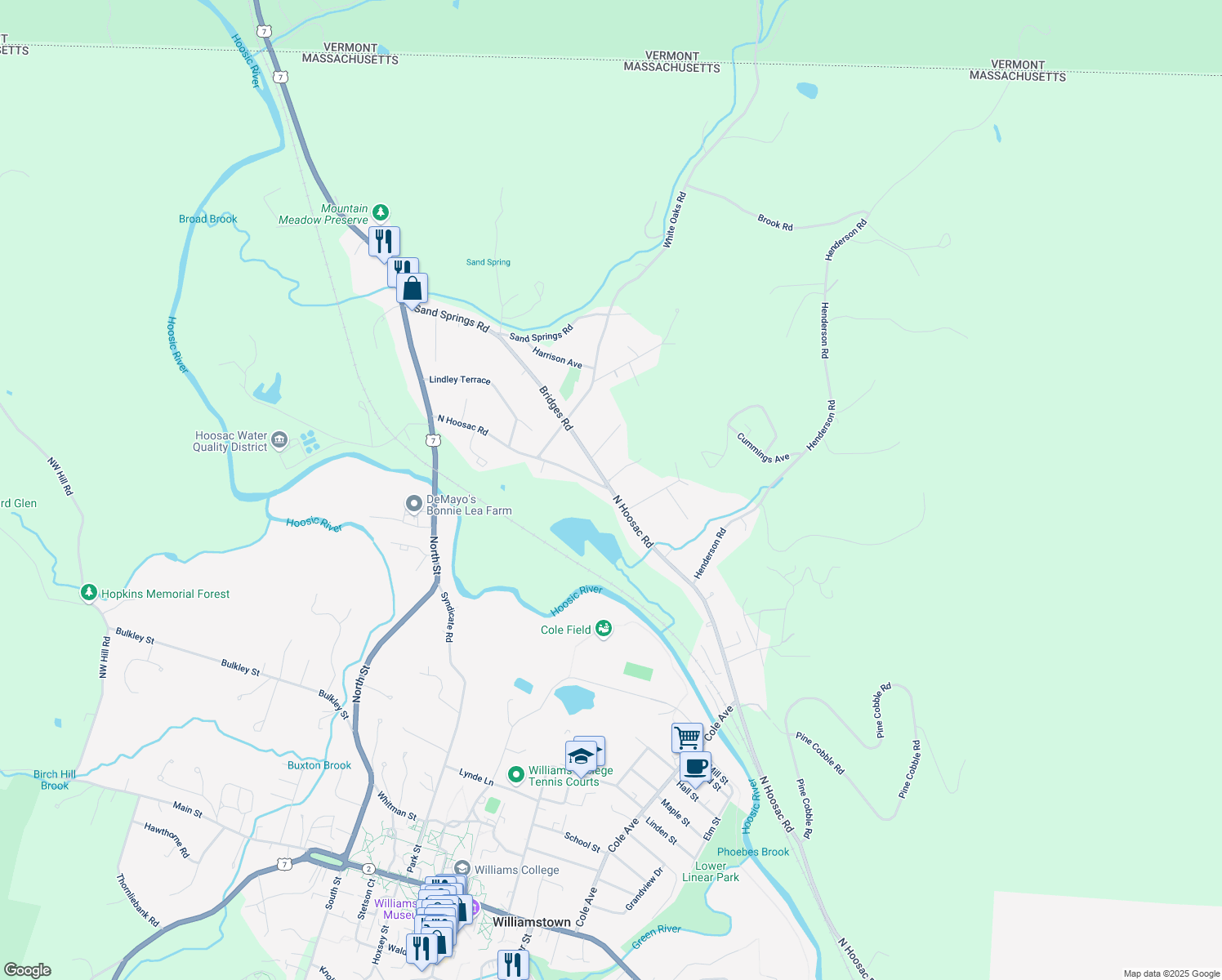 map of restaurants, bars, coffee shops, grocery stores, and more near 1029 North Hoosac Road in Williamstown