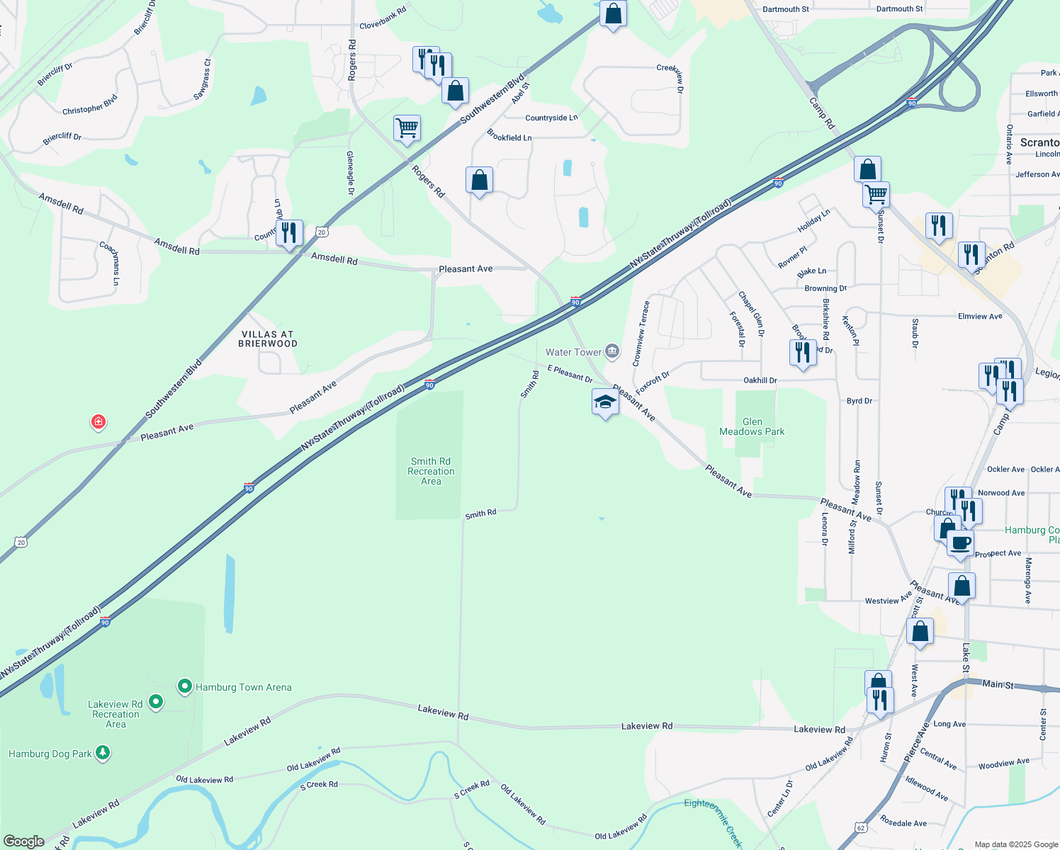 map of restaurants, bars, coffee shops, grocery stores, and more near 5843 Smith Rd in Hamburg
