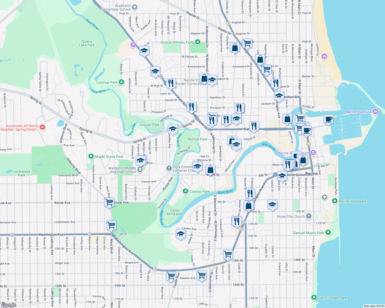 map of restaurants, bars, coffee shops, grocery stores, and more near 1722 Oak Ct in Racine