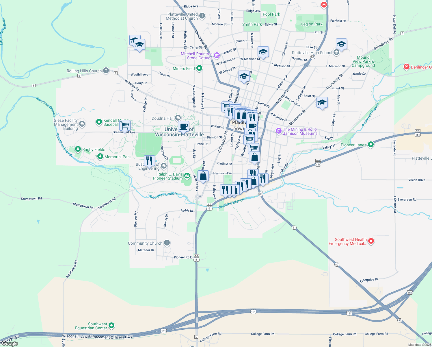 map of restaurants, bars, coffee shops, grocery stores, and more near 285 Harrison Avenue in Platteville