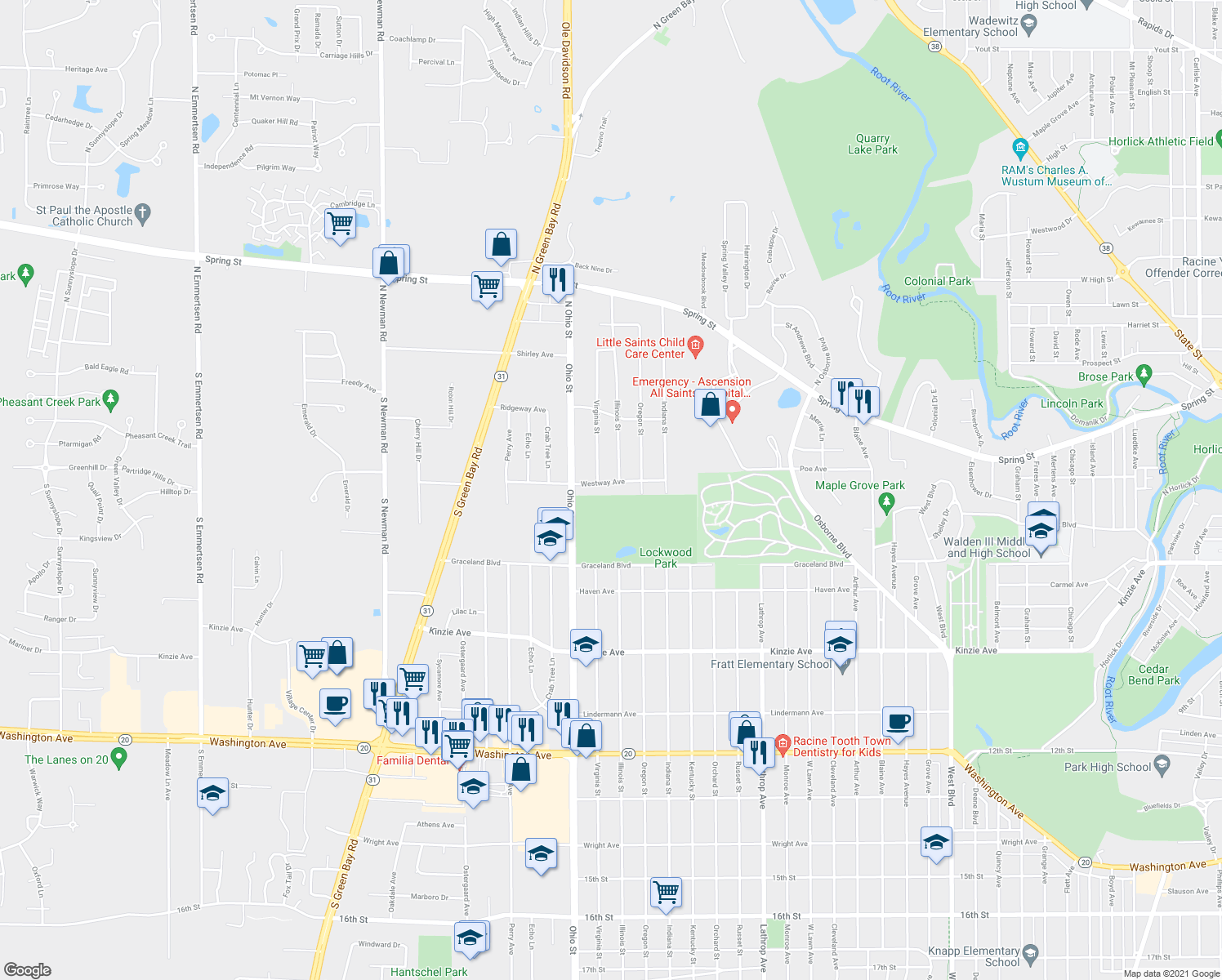 map of restaurants, bars, coffee shops, grocery stores, and more near 4509 Westway Avenue in Racine
