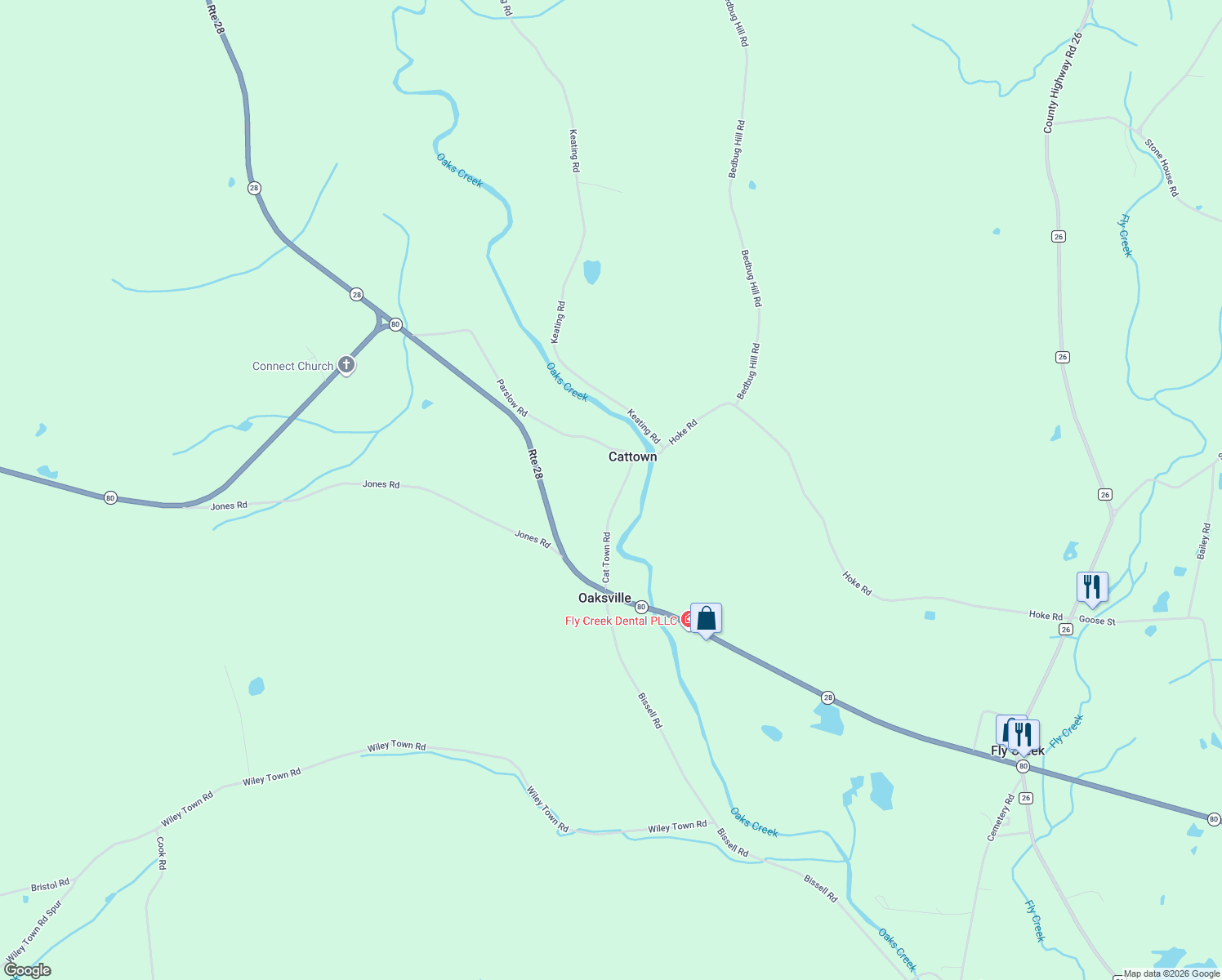 map of restaurants, bars, coffee shops, grocery stores, and more near 155 Cattown Road in Fly Creek