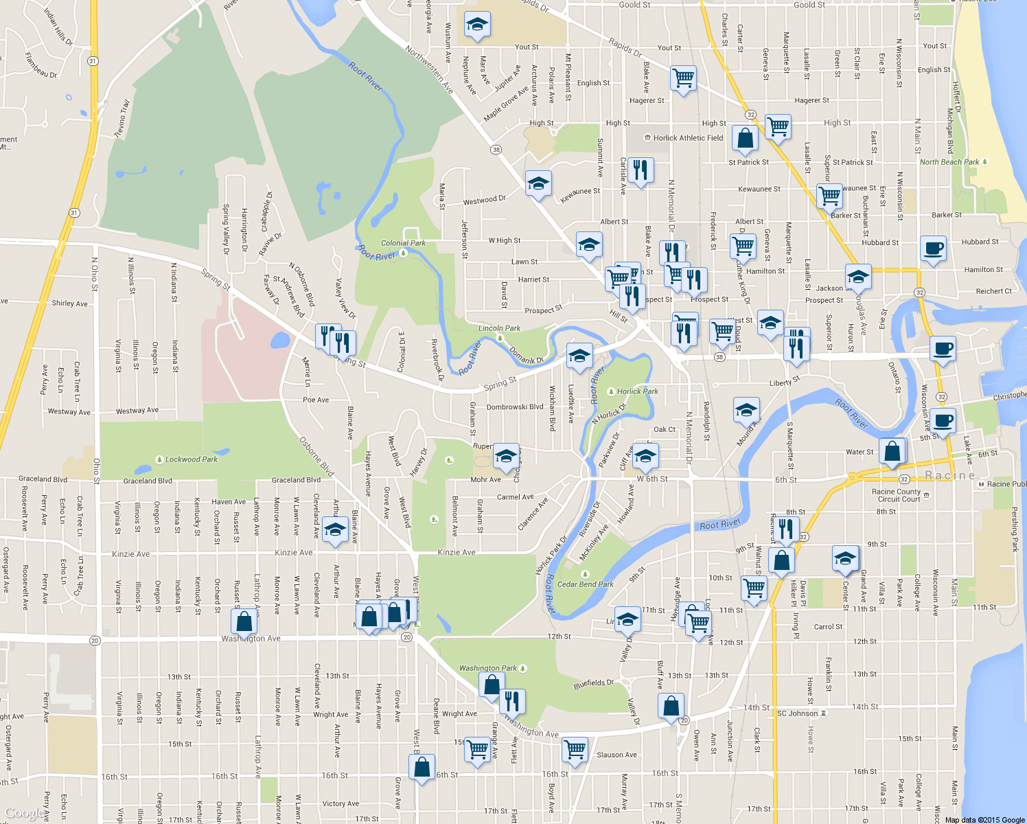 map of restaurants, bars, coffee shops, grocery stores, and more near 304 Chicago Street in Racine
