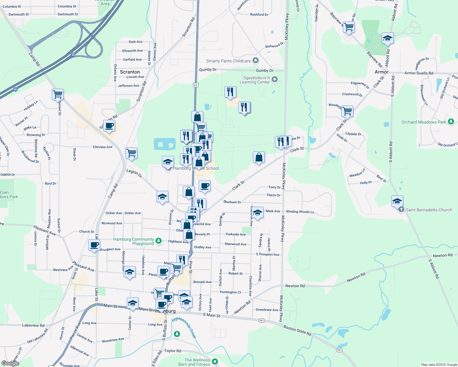 map of restaurants, bars, coffee shops, grocery stores, and more near 4358 Clark Street in Hamburg
