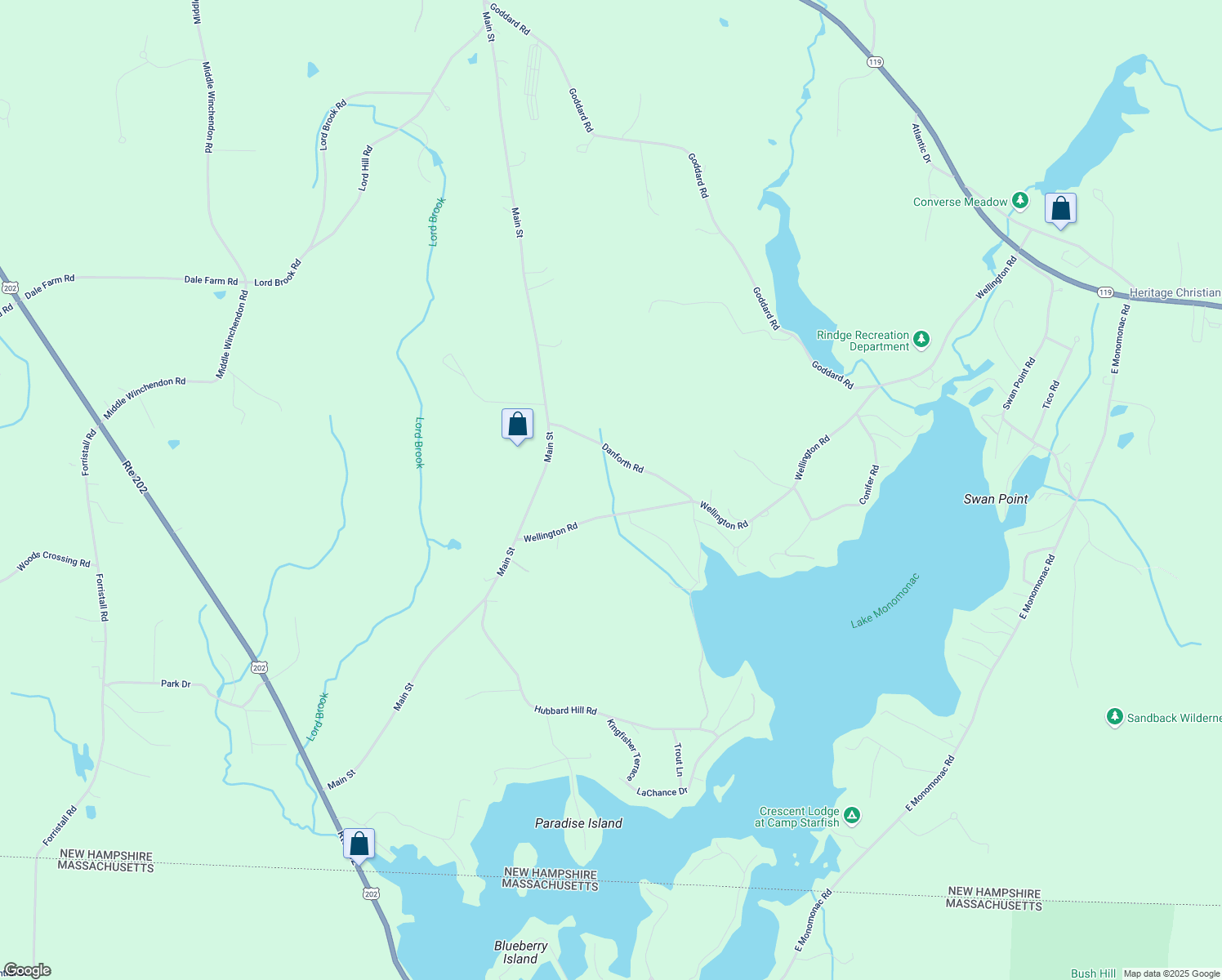 map of restaurants, bars, coffee shops, grocery stores, and more near 44 Danforth Road in Rindge