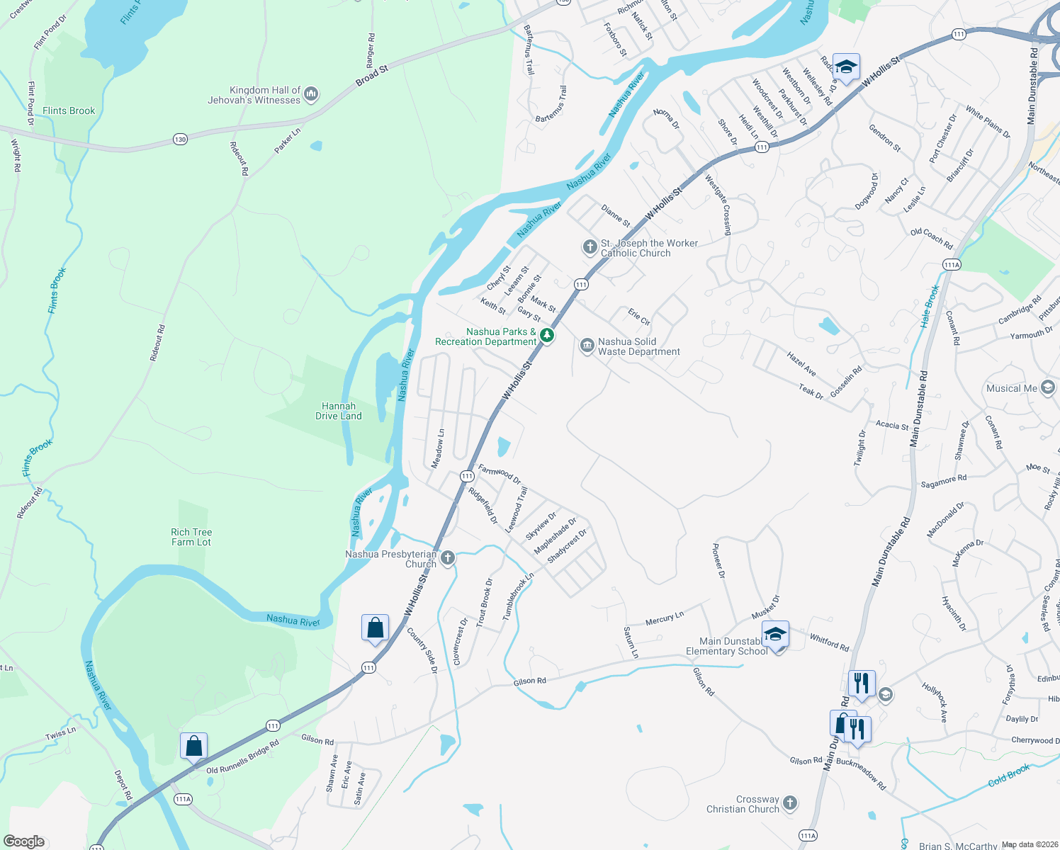 map of restaurants, bars, coffee shops, grocery stores, and more near 10 Yorkway Drive in Nashua