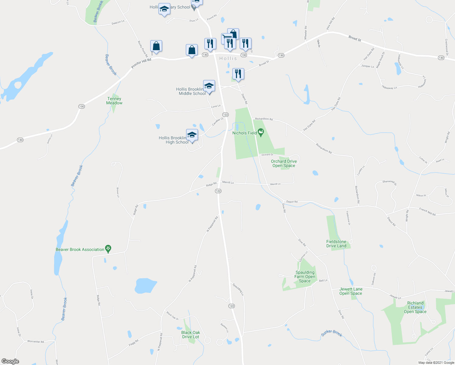 map of restaurants, bars, coffee shops, grocery stores, and more near 16 Merrill Lane in Hollis