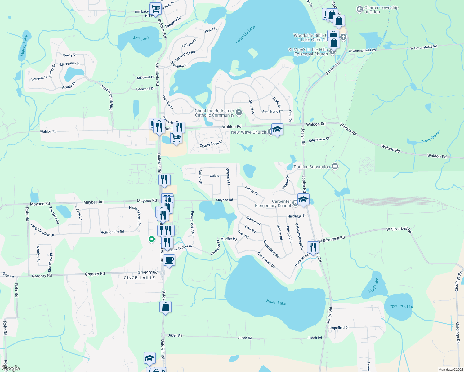 map of restaurants, bars, coffee shops, grocery stores, and more near 3361 Regency Drive in Orion charter Township