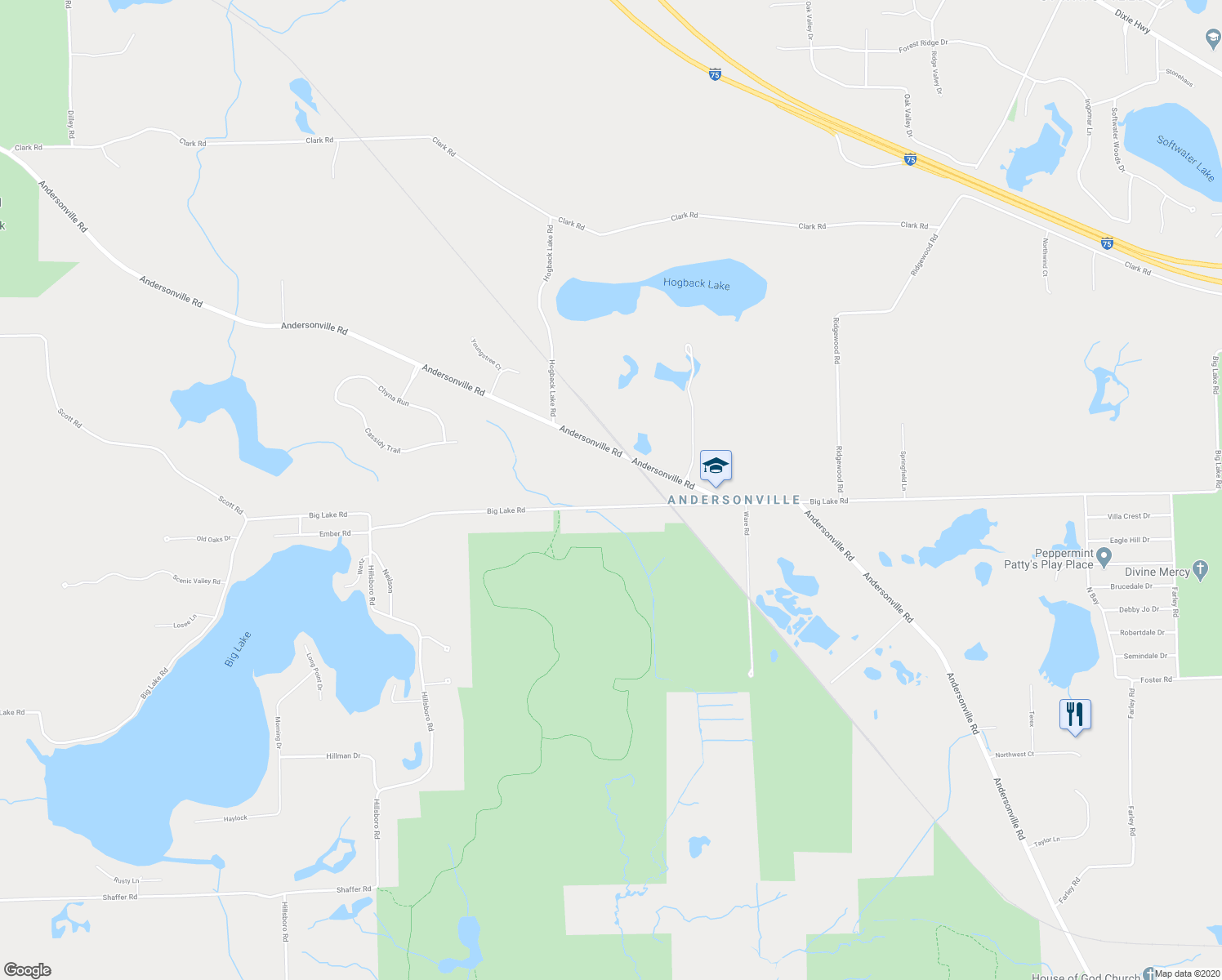 map of restaurants, bars, coffee shops, grocery stores, and more near 10610 Big Lake Road in Oakland County
