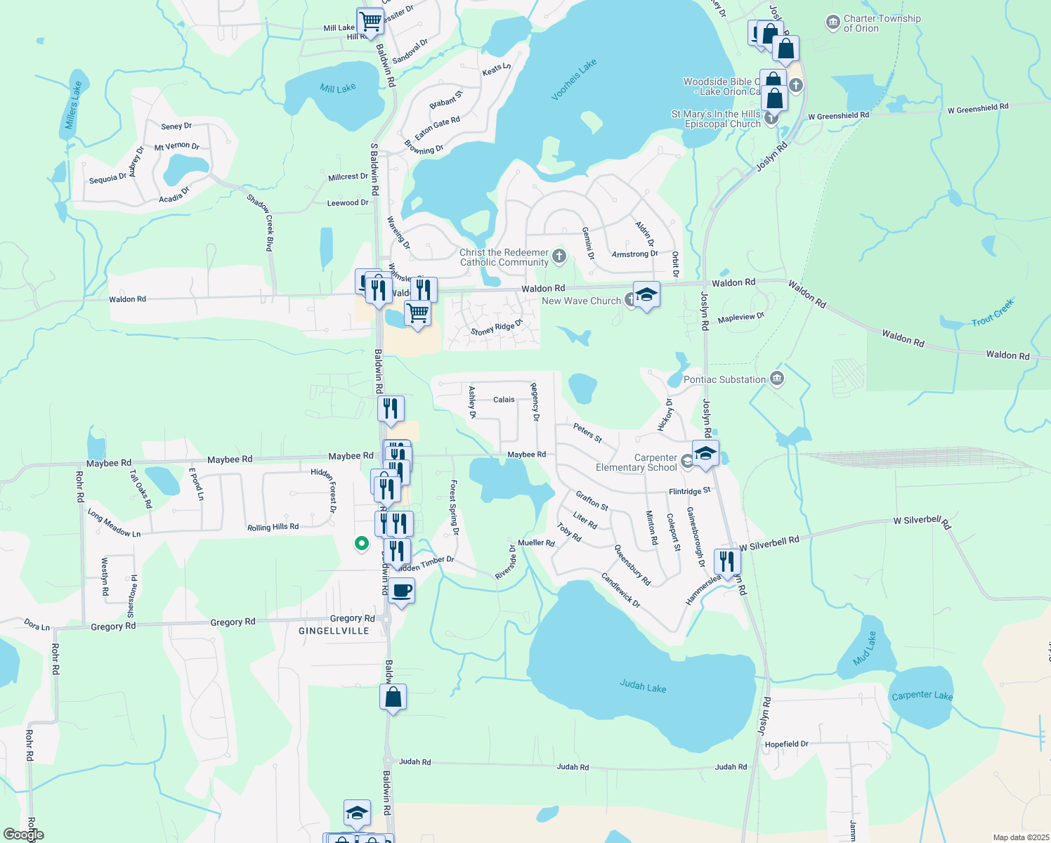 map of restaurants, bars, coffee shops, grocery stores, and more near 3363 Blasser Drive in Orion Township