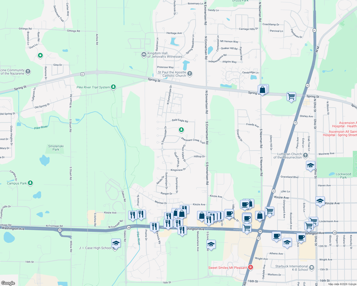 map of restaurants, bars, coffee shops, grocery stores, and more near 6323 Ptarmigan Road in Racine